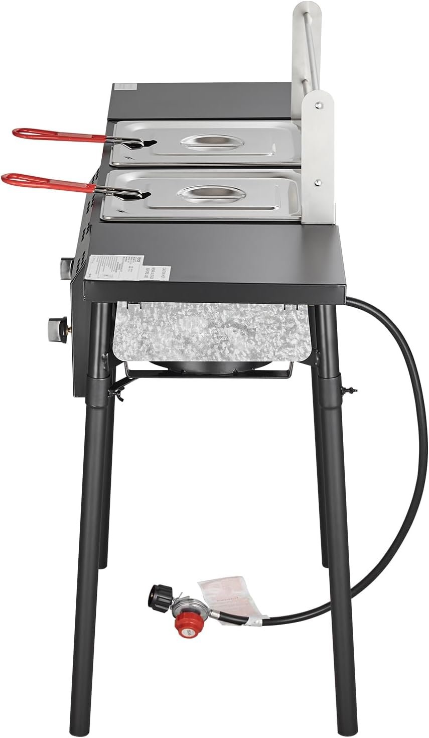 VEVOR Outdoor Propane Deep Fryer, Double Burners Commercial Fryer, 16 Qt Stainless Steel Cooker with Removable Baskets  Lids  Tanks, Oil Fryer Cart with Thermometer  Regulator, For Outdoor Cooking