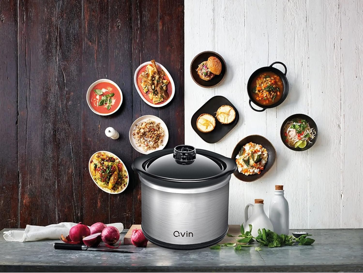 0.65-qt mini Round Slow Cooker, Fondue Melting Pot Warmer with Diswasher-safe Stoneware Crock, Glass Lid, Stainless Steel and black