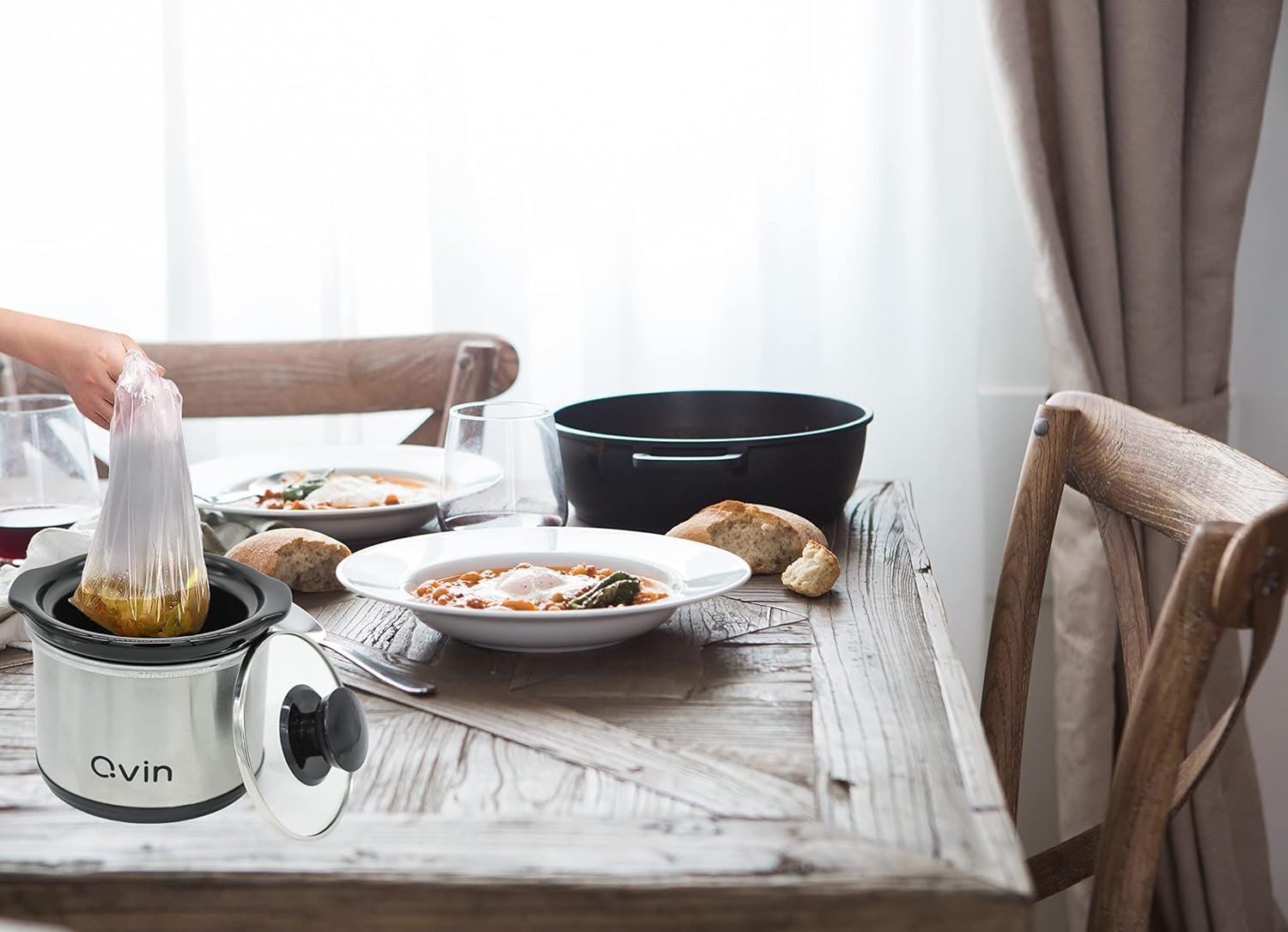 0.65-qt mini Round Slow Cooker, Fondue Melting Pot Warmer with Diswasher-safe Stoneware Crock, Glass Lid, Stainless Steel and black