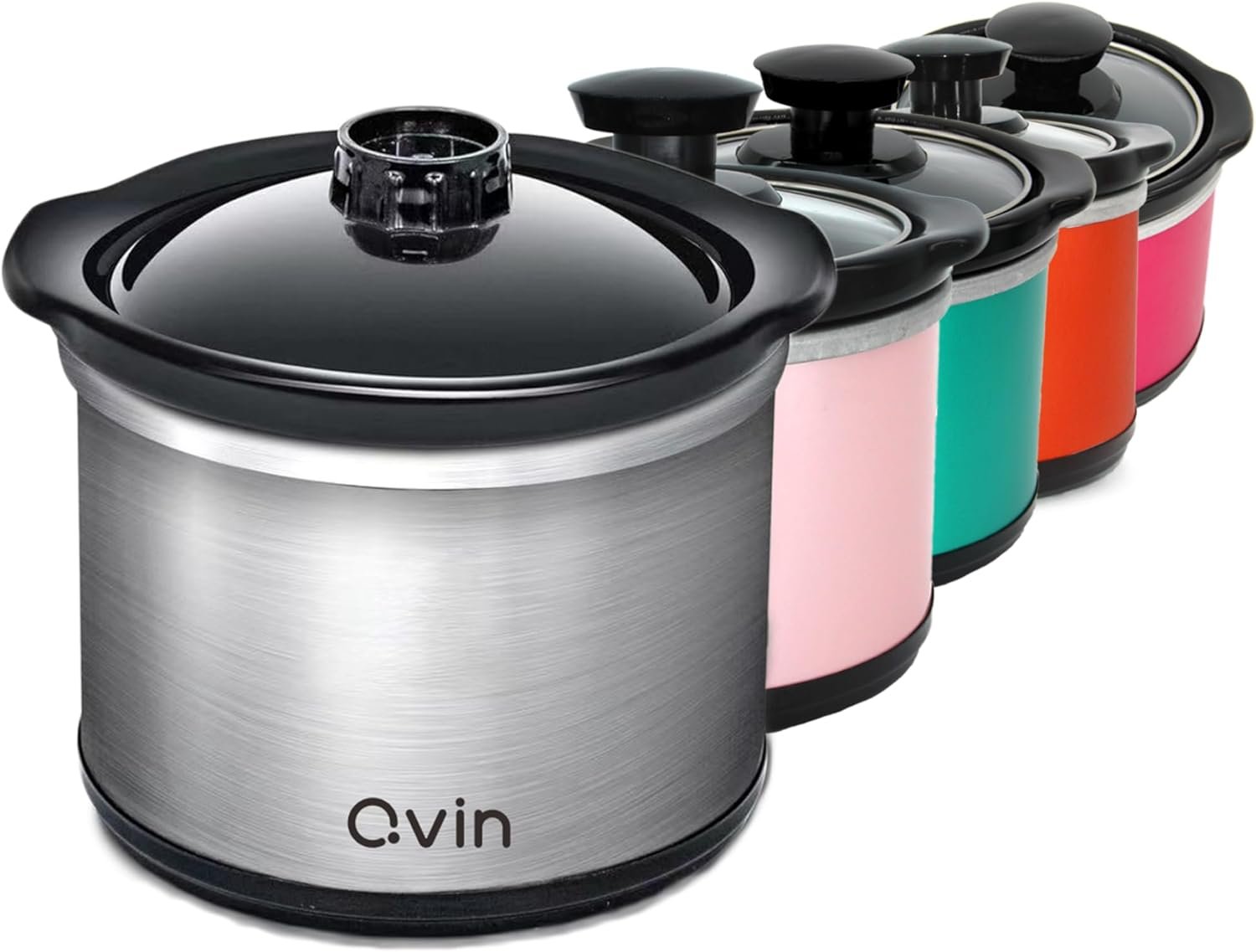 0.65-qt mini Round Slow Cooker, Fondue Melting Pot Warmer with Diswasher-safe Stoneware Crock, Glass Lid, Stainless Steel and black