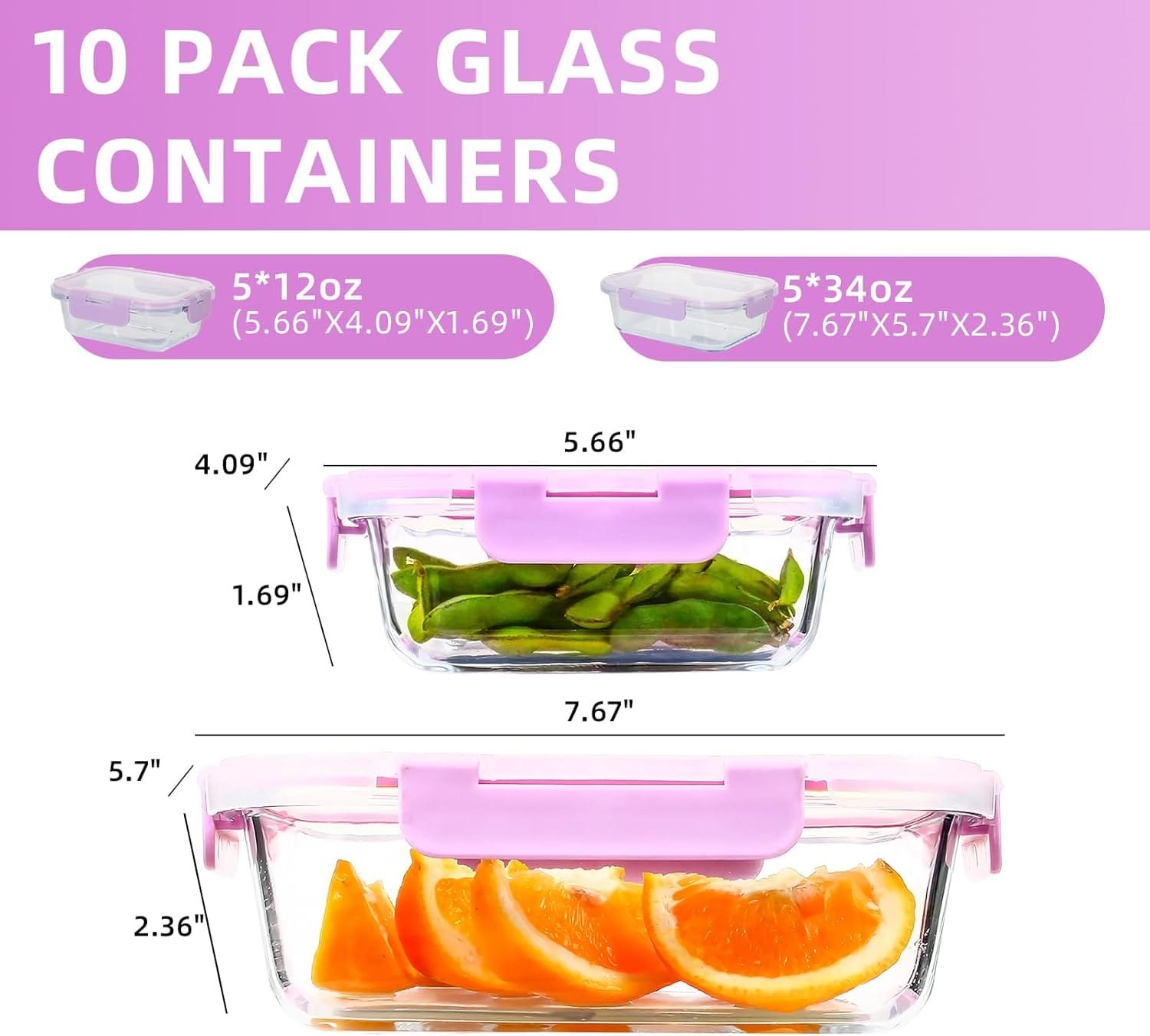 10 Pack Glass Food Storage Containers with Lids Leakproof, Airtight Glass Meal Prep Containers For Lunch, On The Go, Leftover, Dishwasher Safe
