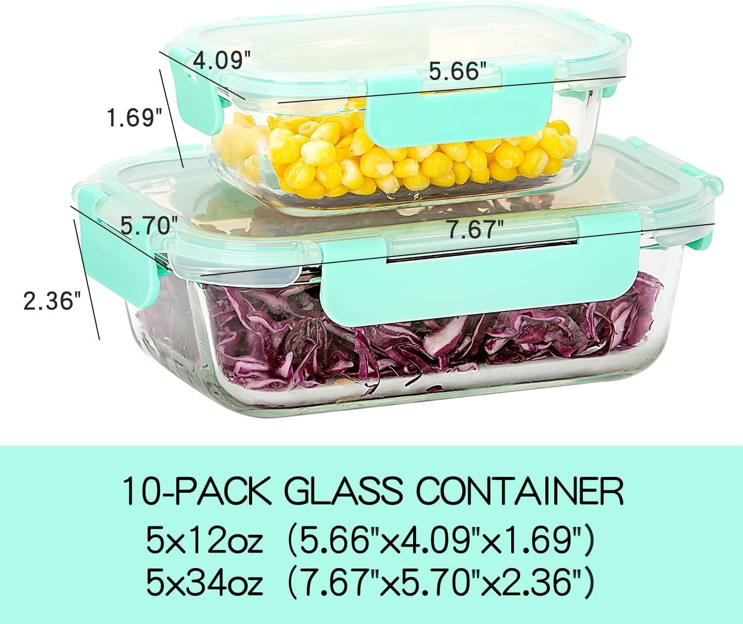 10 Pack Glass Food Storage Containers with Lids Leakproof, Airtight Glass Meal Prep Containers For Lunch, On The Go, Leftover, Dishwasher Safe
