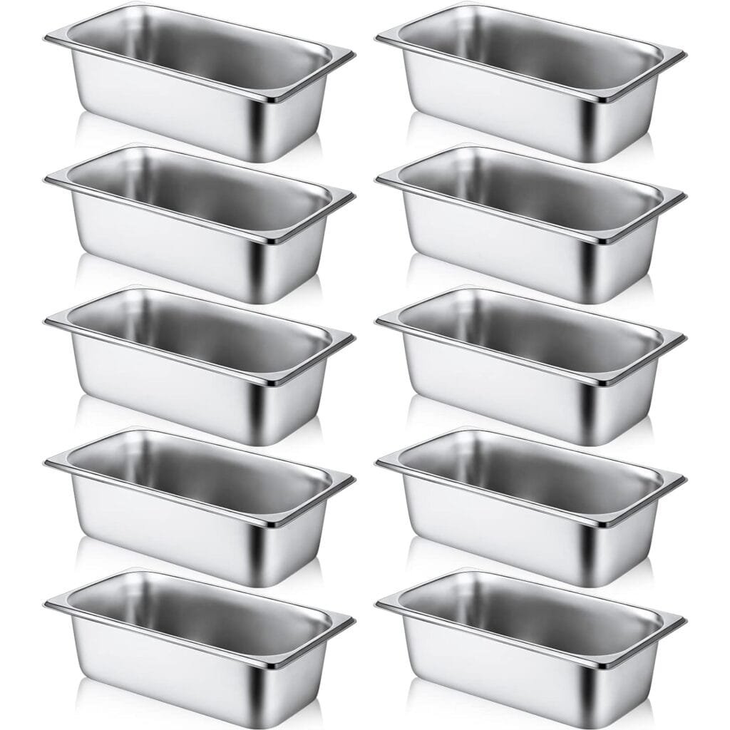 10 Pack Hotel Pans Stainless Steel Steam Table Water Pan 1/3 Size, 0.8 mm Thick Steam Pan Anti Warming Pans for Food Warmer Party Restaurant Catering Supplies, 12.8 x 6.9 Inch (4 Inch Deep) 10 Pack Hotel Pans Stainless Steel Steam Table Water Pan 1/3 Size, 0.8 mm Thick Steam Pan Anti Warming Pans for Food Warmer Party Restaurant Catering Supplies, 12.8 x 6.9 Inch (4 Inch Deep)
