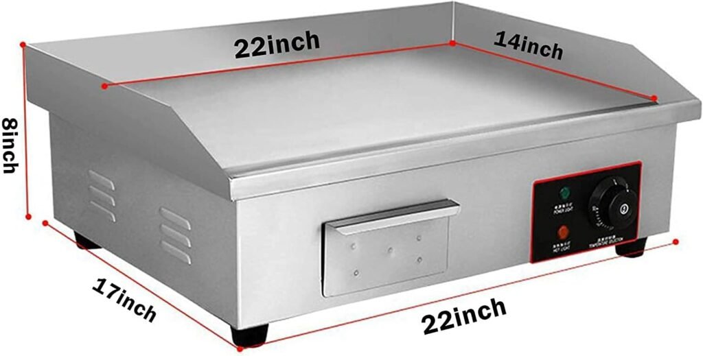 110V 3000W 22 Commercial Electric Countertop Griddle Stainless Steel BBQ Flat Top Grill Hot Plate, Adjustable Thermostatic Control 122°F-572°F, Stainless Steel Restaurant Grill for Kitchen