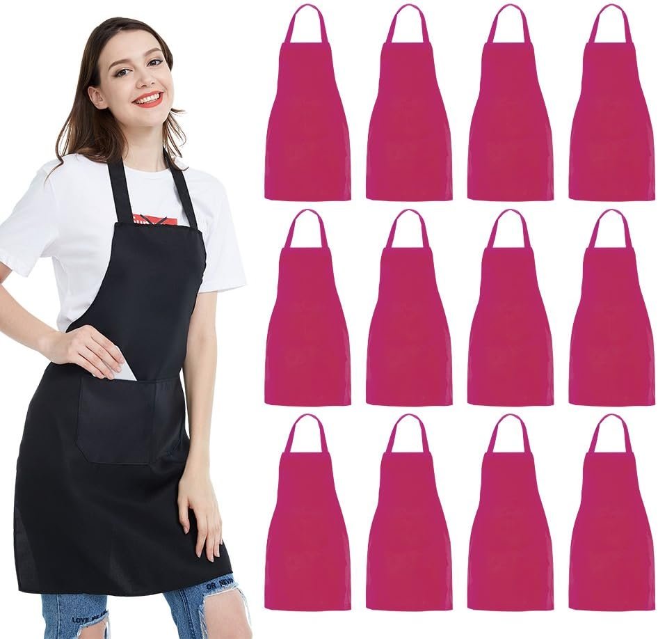12 Pack Bib Apron - Unisex Black Apron Bulk with 2 Roomy Pockets Machine Washable for Kitchen Crafting BBQ Drawing