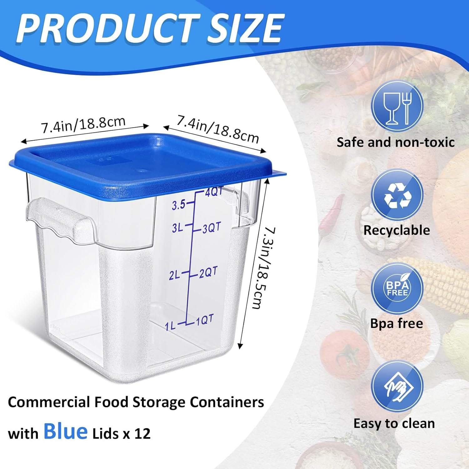 12 Pcs 4 Qt Commercial Food Storage Containers with Lids Restaurant Square Airtight Food Storage Containers Clear Cereal Storage Containers for Pantry Kitchen, Freezer and Dishwasher Safe