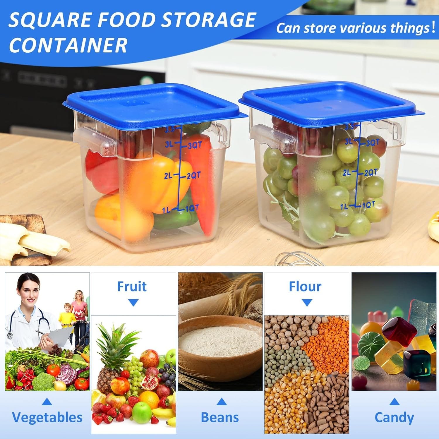 12 Pcs 4 Qt Commercial Food Storage Containers with Lids Restaurant Square Airtight Food Storage Containers Clear Cereal Storage Containers for Pantry Kitchen, Freezer and Dishwasher Safe
