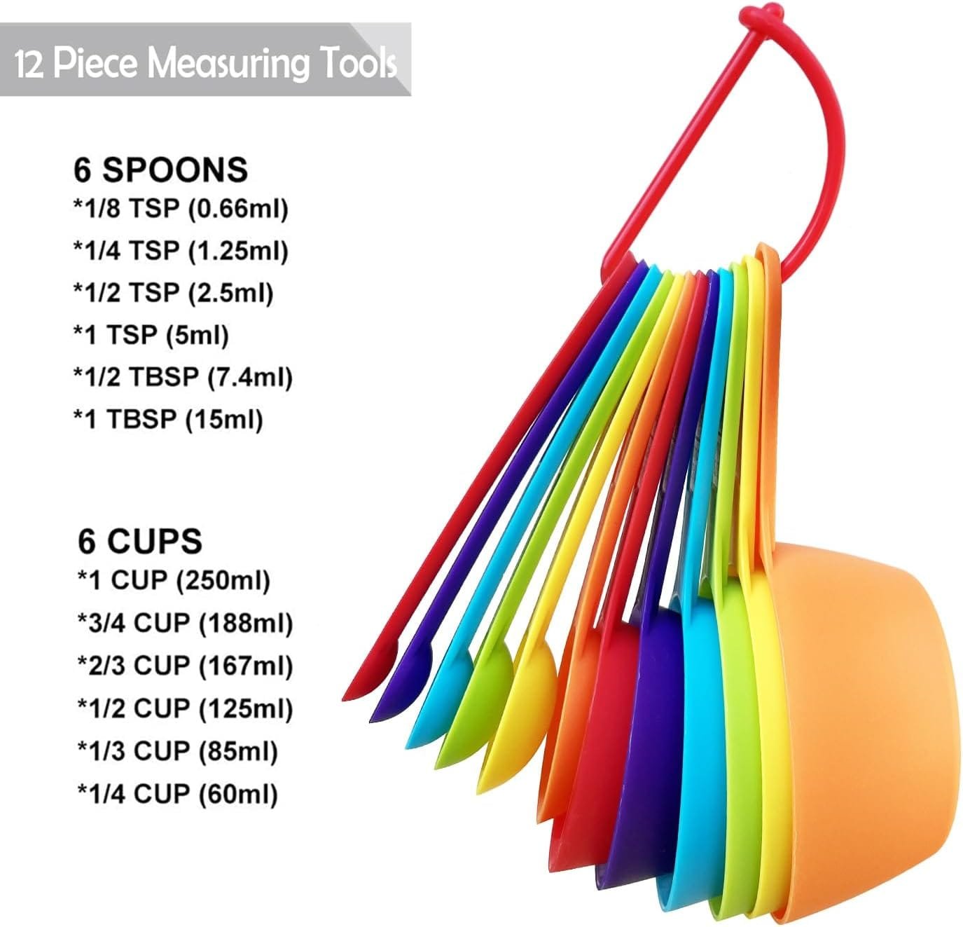 12 Piece Measuring Cups and Spoons Set, Colored Kitchen Measure Tools, Durable Nesting Cups and Spoons for Dry and Liquid, Dishwasher Safe 12 Piece Measuring Cups and Spoons Set, Colored Kitchen Measure Tools, Durable Nesting Cups and Spoons for Dry and Liquid, Dishwasher Safe