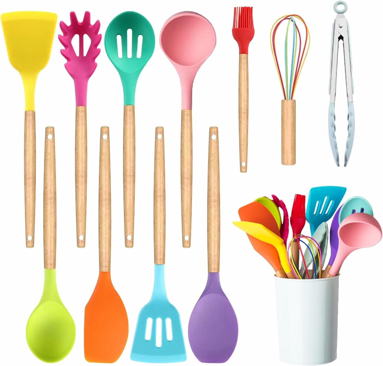 12Pcs Silicon Utensils Set for Kitchen,Heat Resistant Colorful for Cooking Made of Wooden Handles and Non Toxic Silicone for Nonstick Cookware and Baking 12Pcs Silicon Utensils Set for Kitchen,Heat Resistant Colorful for Cooking Made of Wooden Handles and Non Toxic Silicone for Nonstick Cookware and Baking