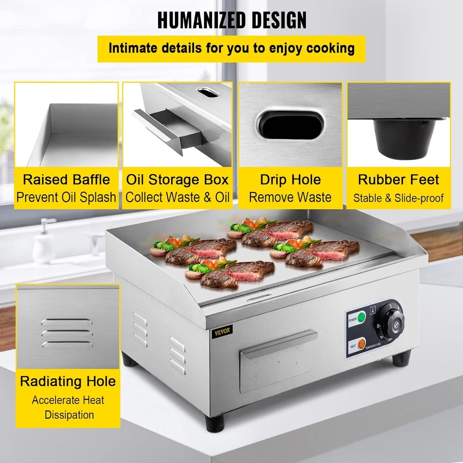 14 Electric Countertop Flat Top Griddle 110V 1500W Non-Stick Commercial Electric Griddles Restaurant Teppanyaki Grill Stainless Steel Adjustable Temperature Control 122°F-572°F, Sliver 14 Electric Countertop Flat Top Griddle 110V 1500W Non-Stick Commercial Electric Griddles Restaurant Teppanyaki Grill Stainless Steel Adjustable Temperature Control 122°F-572°F, Sliver