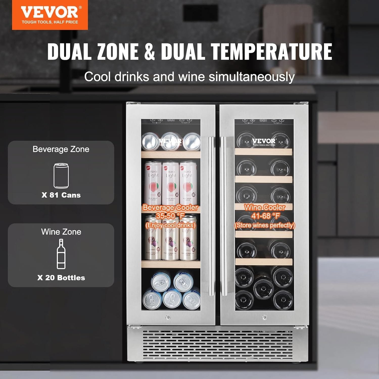 15” Wine Cooler, 30 Bottles Dual Zone Wine Refrigerator, Tempered Glass Door, Low Noise, Digital Temper Control, Built-in or Freestanding, ETL