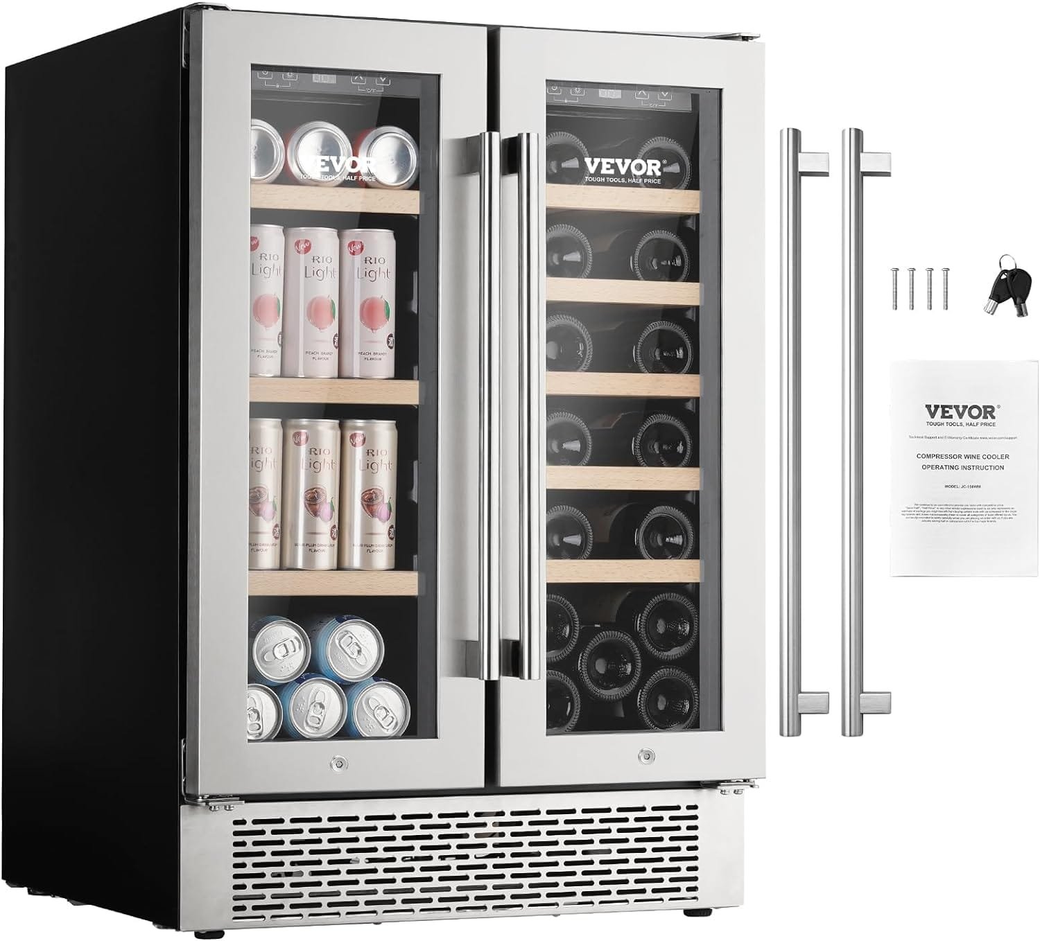 15” Wine Cooler, 30 Bottles Dual Zone Wine Refrigerator, Tempered Glass Door, Low Noise, Digital Temper Control, Built-in or Freestanding, ETL