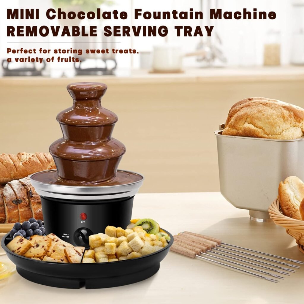 16-Ounce Chocolate Fondue Fountain, 3-Tier MINI Chocolate Fountain, Electric Melting Machine with 6PCS Fondue Fork and Removal Fruits/Nuts/Treats Serving Tray for BBQ Sauce,Ranch,Nacho Cheese,Liqueurs