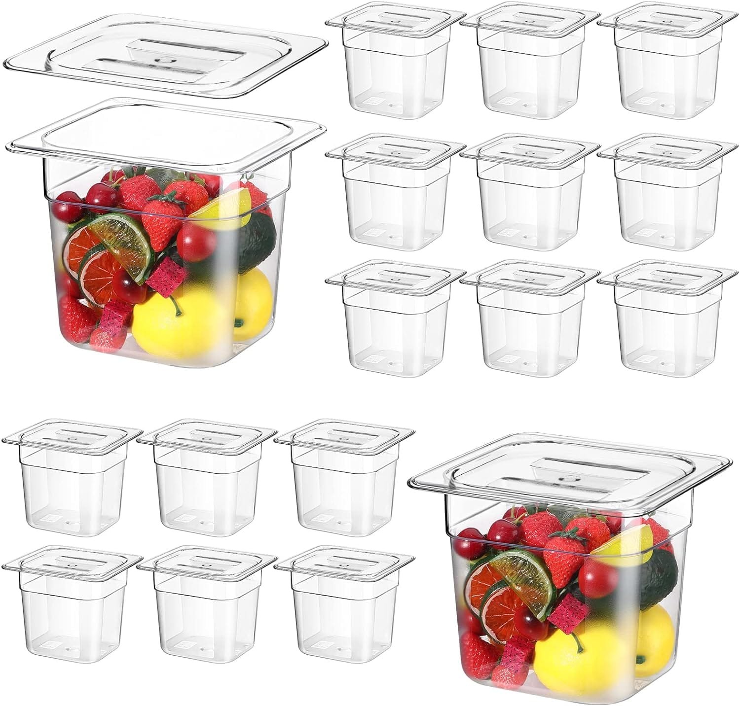 16 Pcs Polycarbonate Clear Food Pan with Lid Bulk Stackable Food Pan Commercial Storage Pan Acrylic Food Storage Container Plastic Hotel Pan for Kitchen (1/6, 6 Deep, 2 Quart)