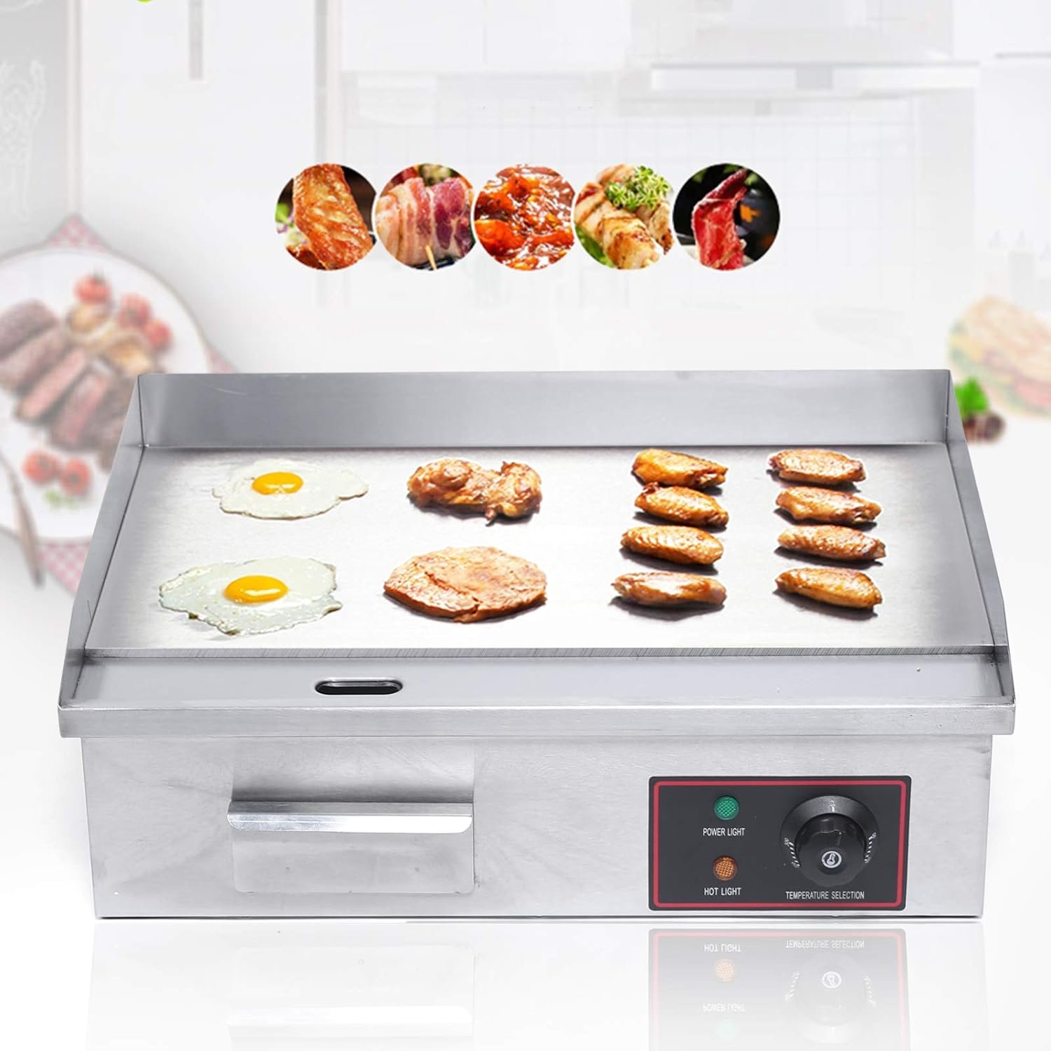 1600W 22Inch Commercial Electric Countertop Griddle Flat Top Grill Hot Plate Bbq Non-Stick Flat Large Countertop Griddle, Adjustable Thermostatic Control, For Home Or Commercial Places