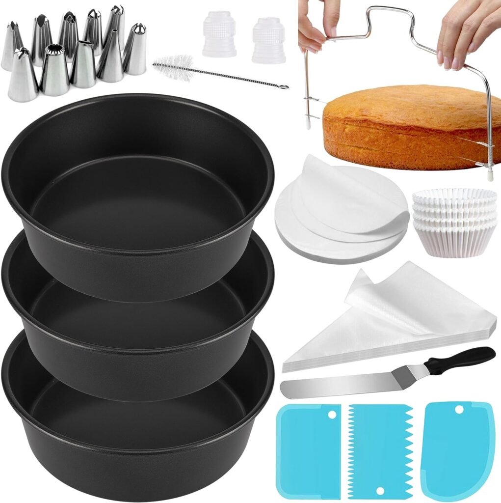 171Pcs Round Cake Pans Sets for Baking, Nonstick 8 Inch Cake Pan Set of 3 with Baking Supplies, Cake Decorating Supplies Kit, Cake Leveler, Icing Tips, Piping Bags, Spatula, and Baking Pans Set