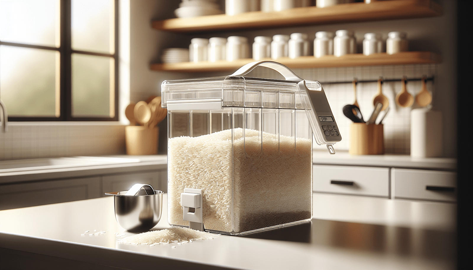 1pc Clear White. Rice Dispenser Large Sealed Grain Container Storage With Measuring Cup, 22Lbs Cereal Dry Food Storage Containers, Kitchen Organization Pantry Store For Dry Food 1pc Clear White. Rice Dispenser Large Sealed Grain Container Storage With Measuring Cup, 22Lbs Cereal Dry Food Storage Containers, Kitchen Organization Pantry Store For Dry Food