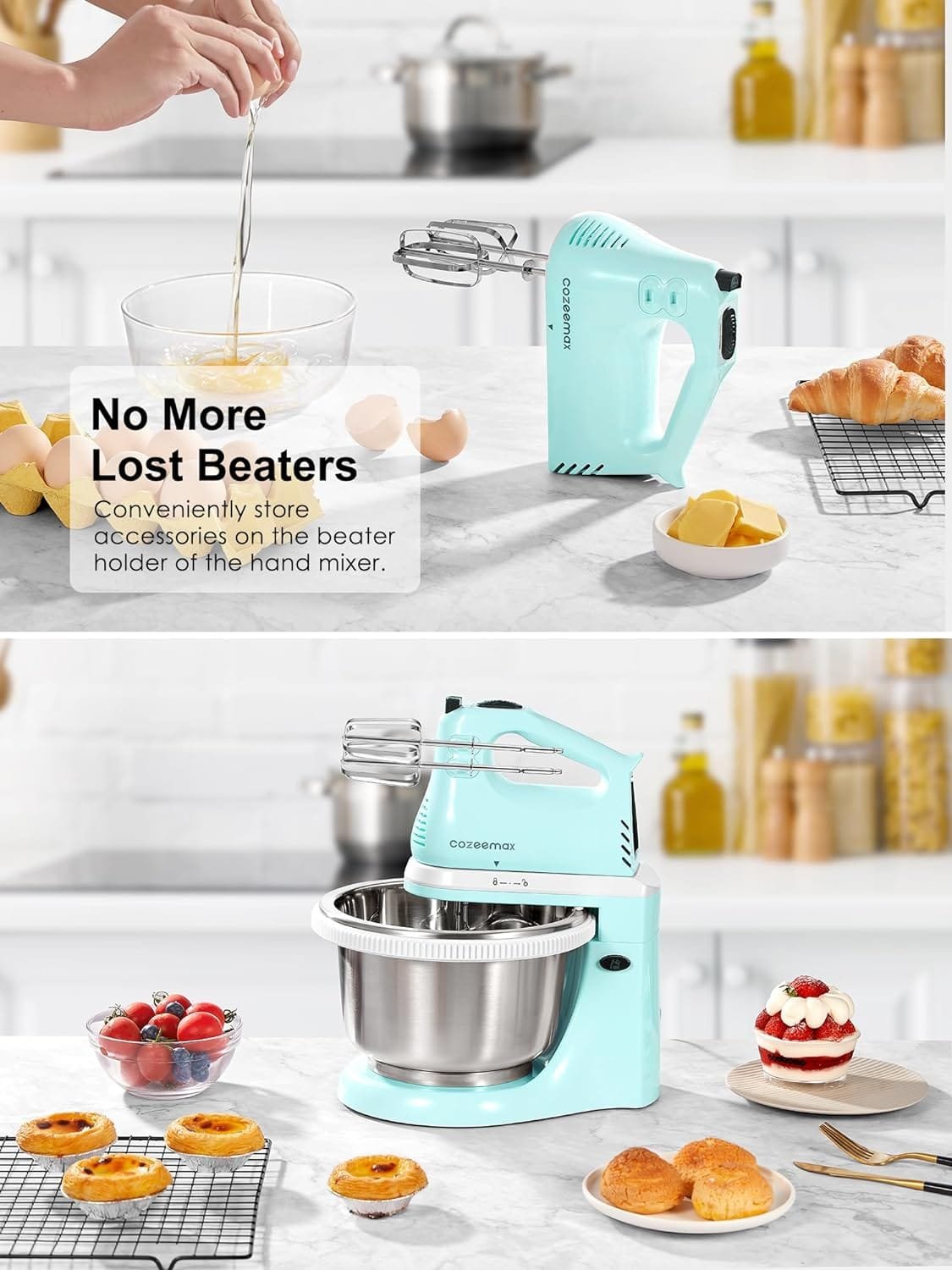 2 in 1 Hand Mixers Kitchen Electric Stand mixer with bowl 3 Quart, electric mixer handheld for Everyday Use, Dough Hooks  Mixer Beaters for Frosting, Meringues  More (Aqua)