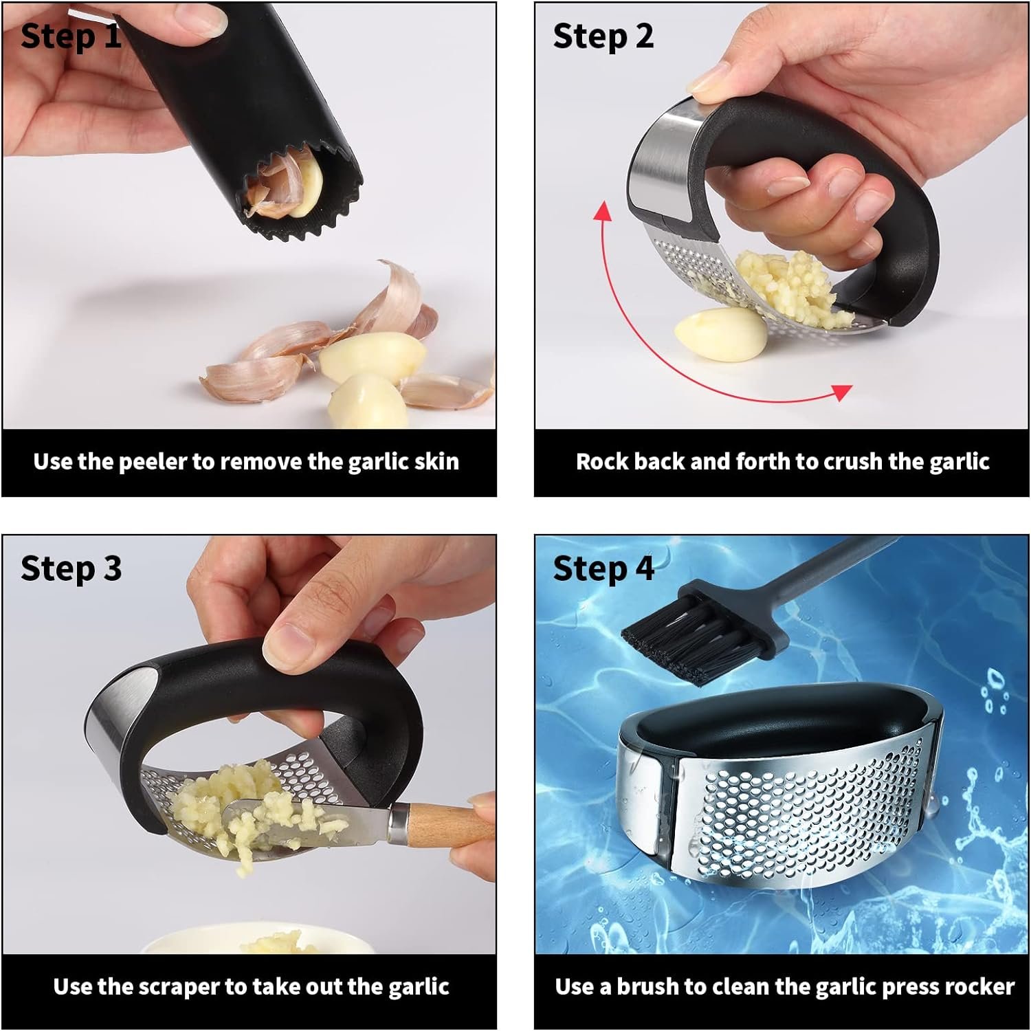 2 Pack Garlic Press Rocker, Stainless Steel Garlic Mincer with 2 Peelers, 2 Scrapers and 2 Brushes | Garlic Crusher Garlic Chopper for Smashing Garlic