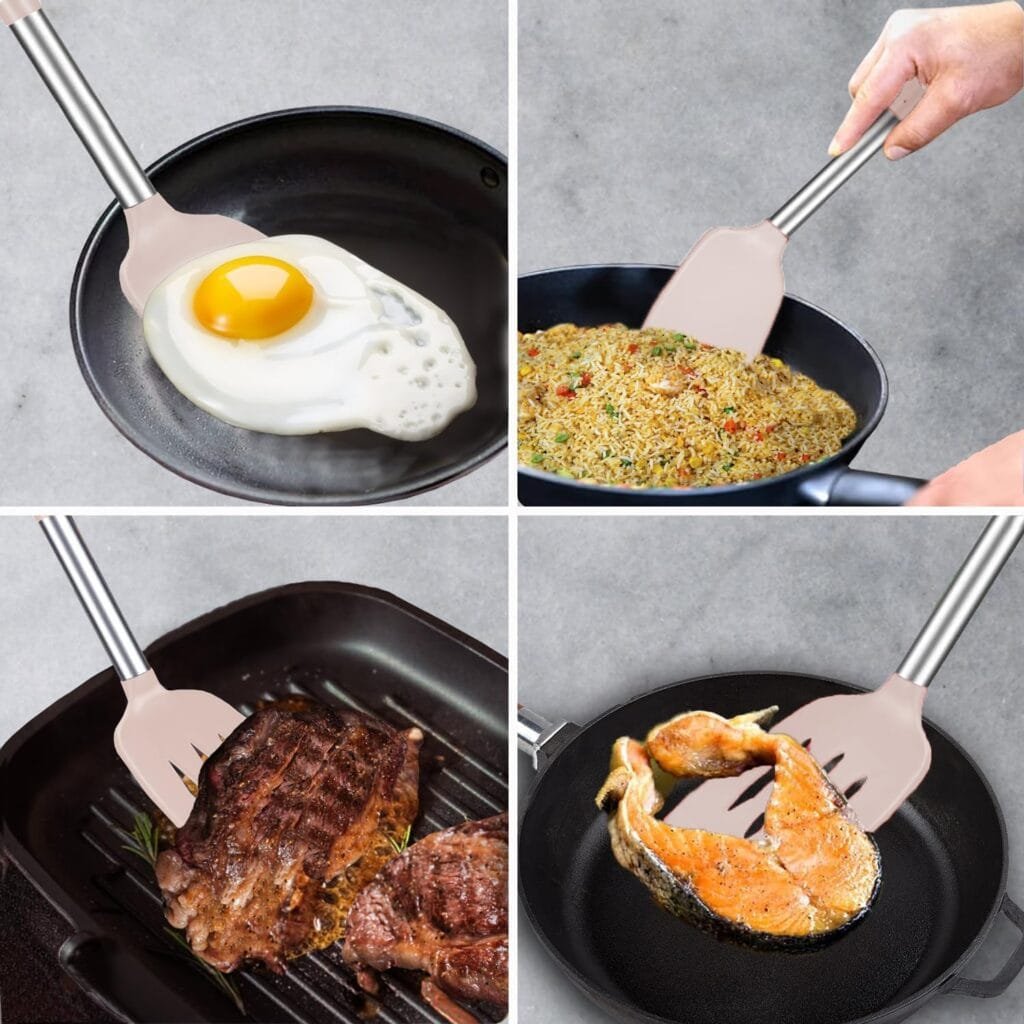 2 Pack Spatulas, Solid  Slotted Silicone Spatula Set, Stainless Steel Handle Coated with Silicone, Non Stick Turners, Heat Resistant BPA Free Rubber Spatulas for Fish, Eggs, Pancakes, WOK, Black