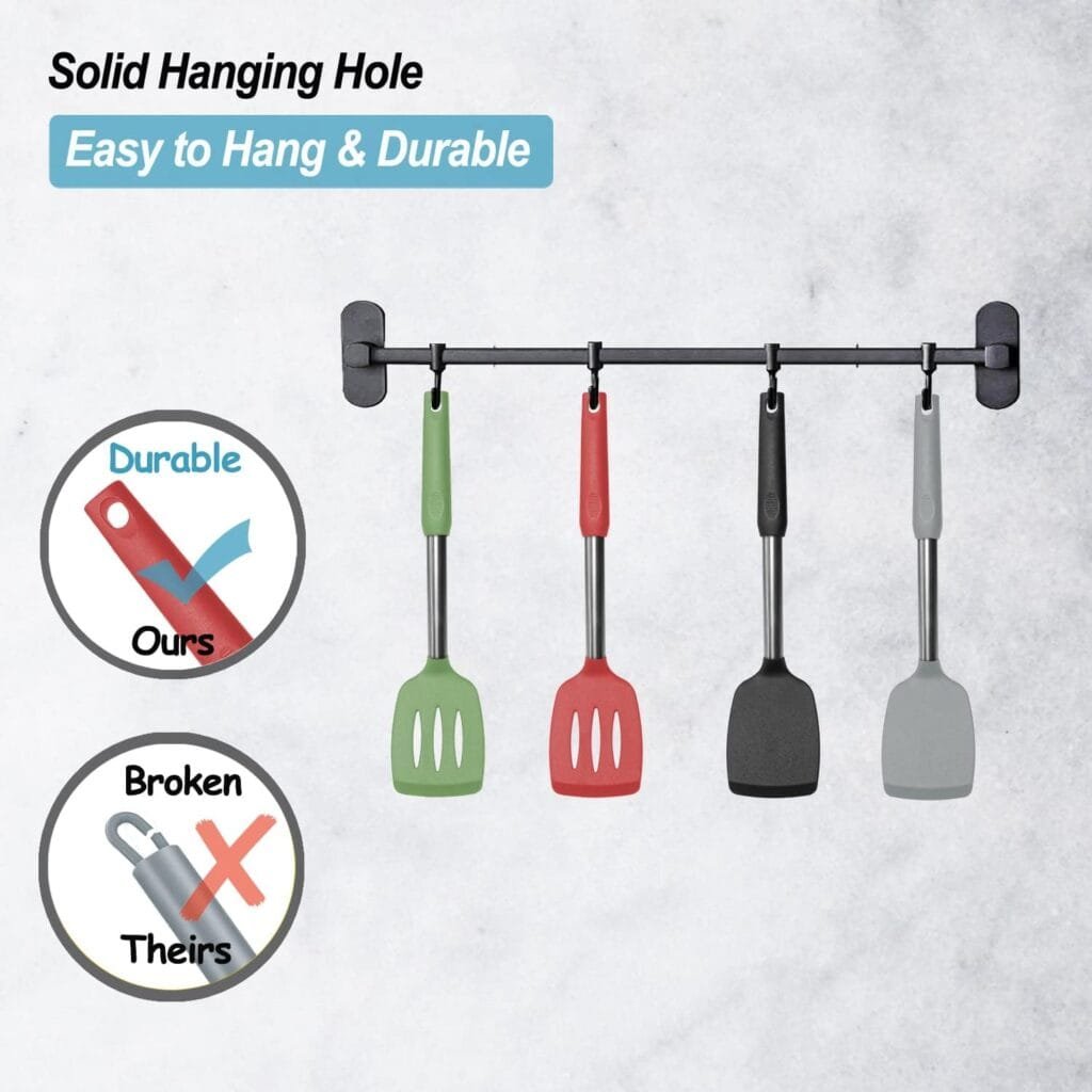 2 Pack Spatulas, Solid  Slotted Silicone Spatula Set, Stainless Steel Handle Coated with Silicone, Non Stick Turners, Heat Resistant BPA Free Rubber Spatulas for Fish, Eggs, Pancakes, WOK, Black