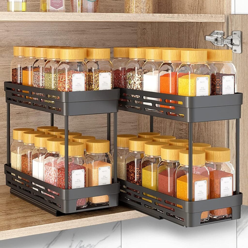 2 Packs Pull Out Spice Rack Organizer for Cabinet, Durable Slide Out Spice Racks Organizer, Easy to Install Spice Cabinet Organizers, 4.33Wx10.4Dx8.5H, Each Tier Hold 10 Spice Jars - 2 Tier