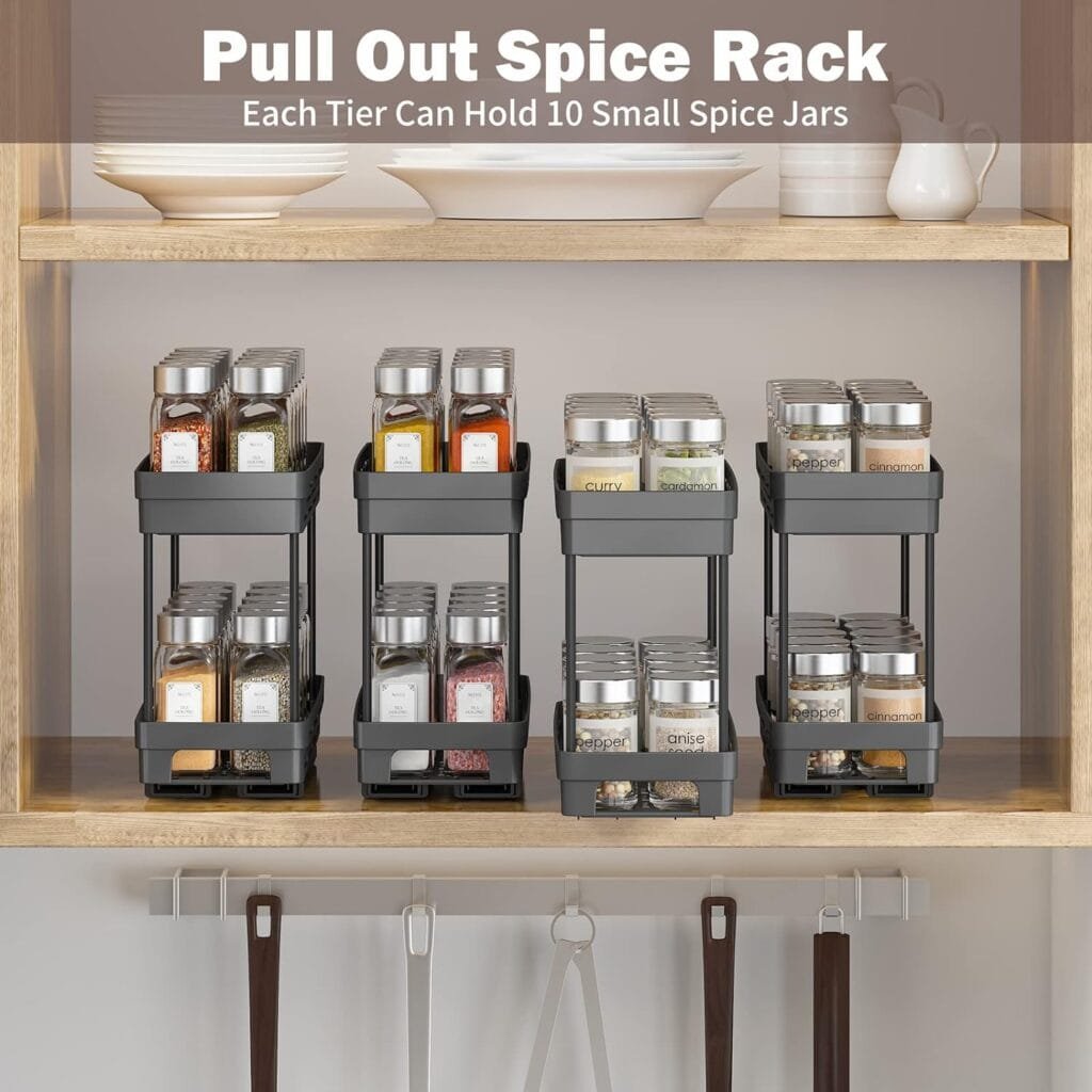2 Packs Pull Out Spice Rack Organizer for Cabinet, Durable Slide Out Spice Racks Organizer, Easy to Install Spice Cabinet Organizers, 4.33Wx10.4Dx8.5H, Each Tier Hold 10 Spice Jars - 2 Tier