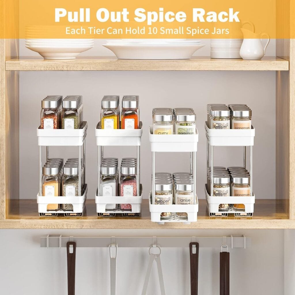 2 Packs Pull Out Spice Rack Organizer for Cabinet, Durable Slide Out Spice Racks Organizer, Easy to Install Spice Cabinet Organizers, 4.33Wx10.4Dx8.5H, Each Tier Hold 10 Spice Jars - 2 Tier
