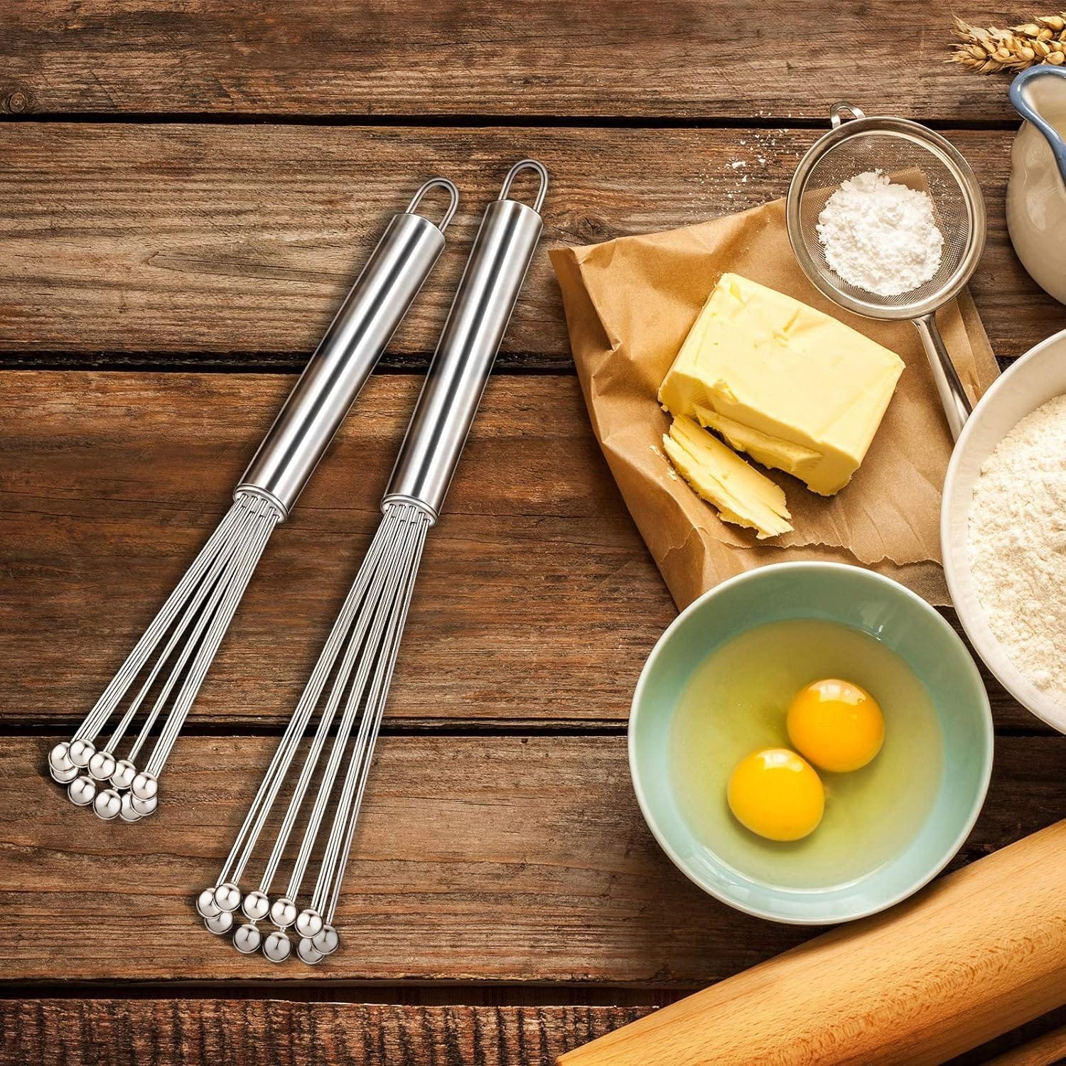 2 Pieces Stainless Steel Ball Whisk Wire Egg Whisk Set Kitchen Whisks for Cooking, Blending, Whisking, Beating, Stirring (10 Inch and 12 Inch)
