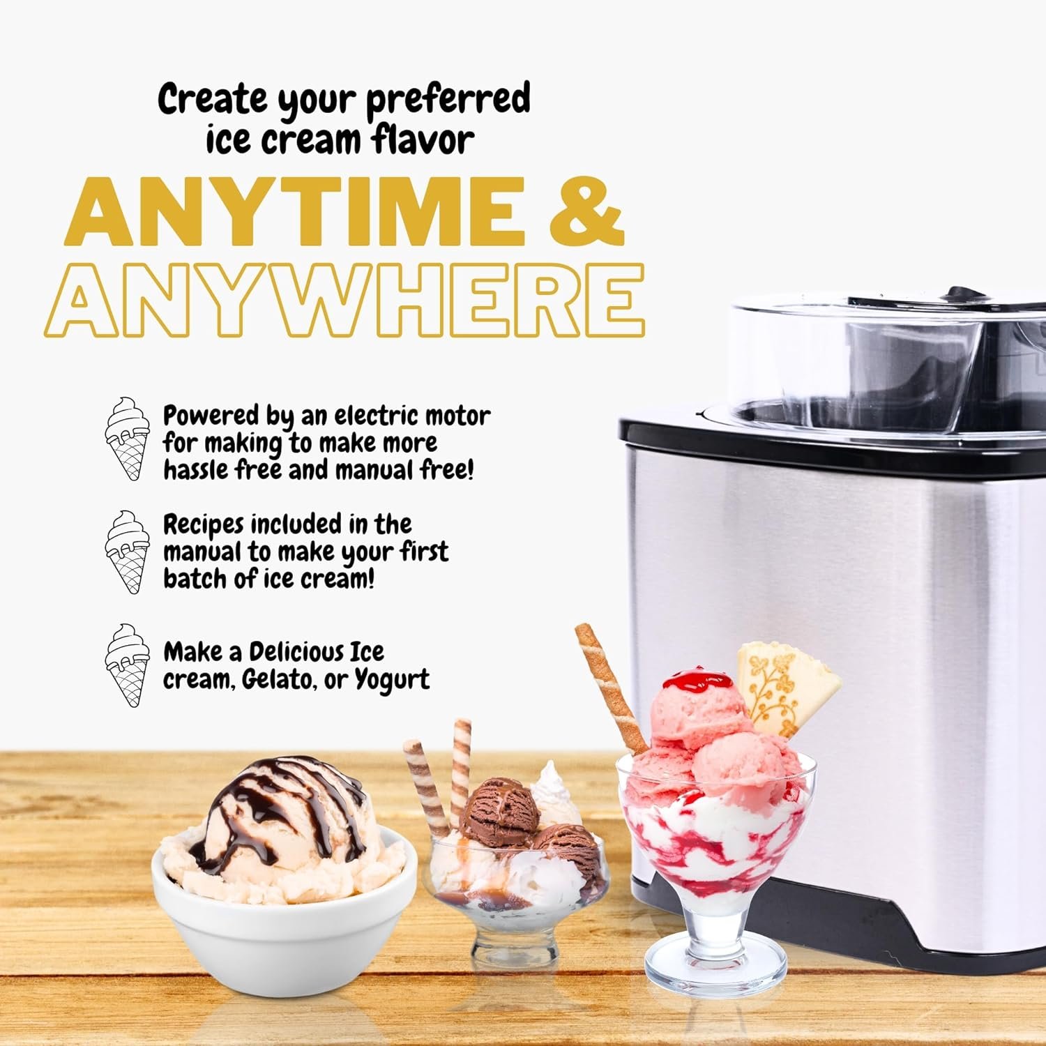 2 Quart Ice Cream Maker Machine - Insulated Soft Serve Ice Cream Maker for Gelato, Sorbet  Frozen Yogurt - Homemade Ice Cream Churn for Creamy Dessert Maker - Healthy Frozen Fruit Ice Cream Maker