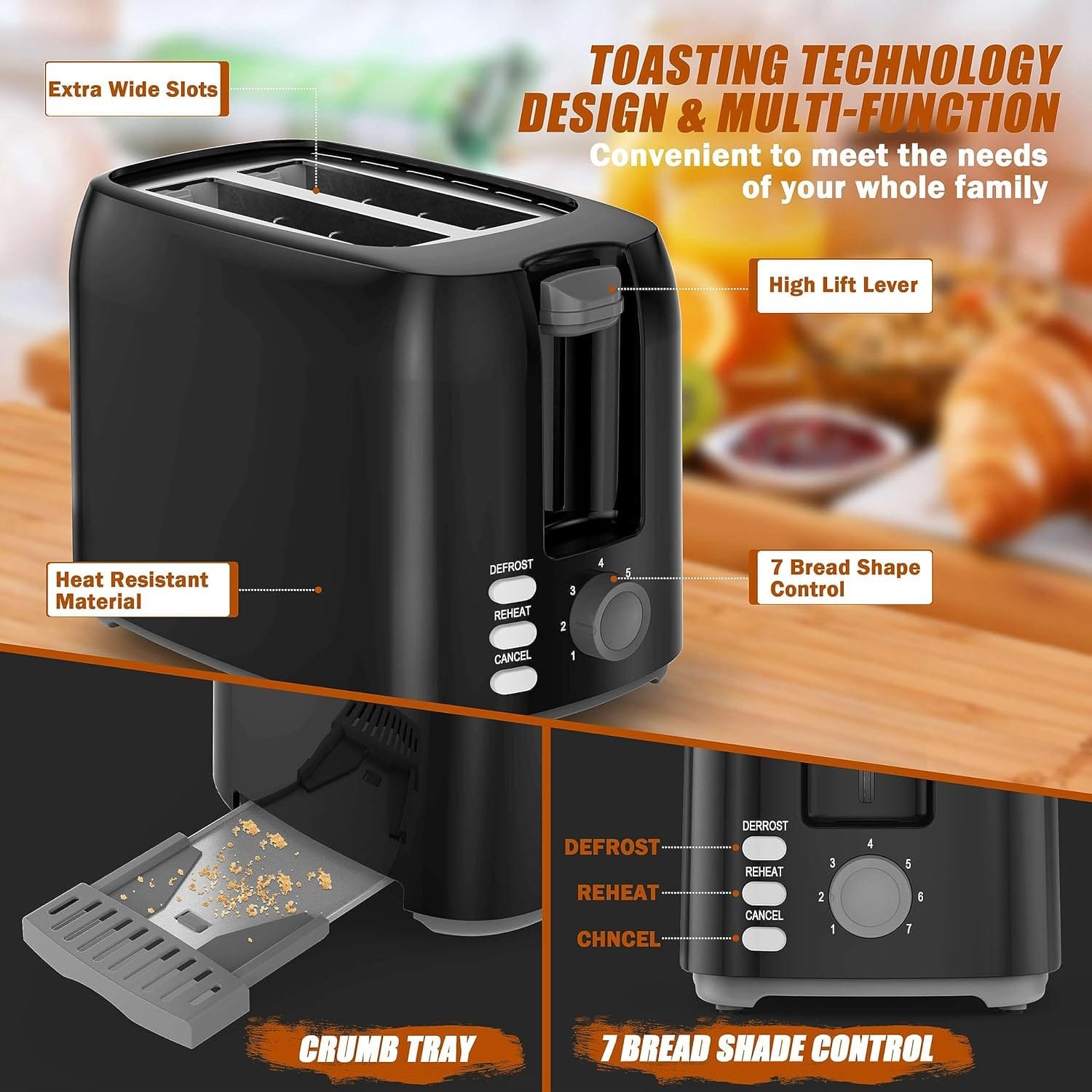 2 Slice Black Toaster with Wide Slots, Bagel Function, 7 Shade Settings, Removable Crumb Tray - Compact Prime Rated Toaster for Bread, Waffles