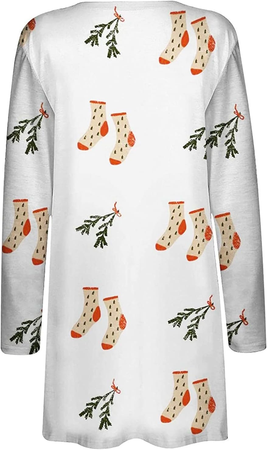 2022 Womens Christmas Casual Coat Long Sleeve Front Cardigan Printed Top Lightweight Jacket Medium Length Coat S-5XL