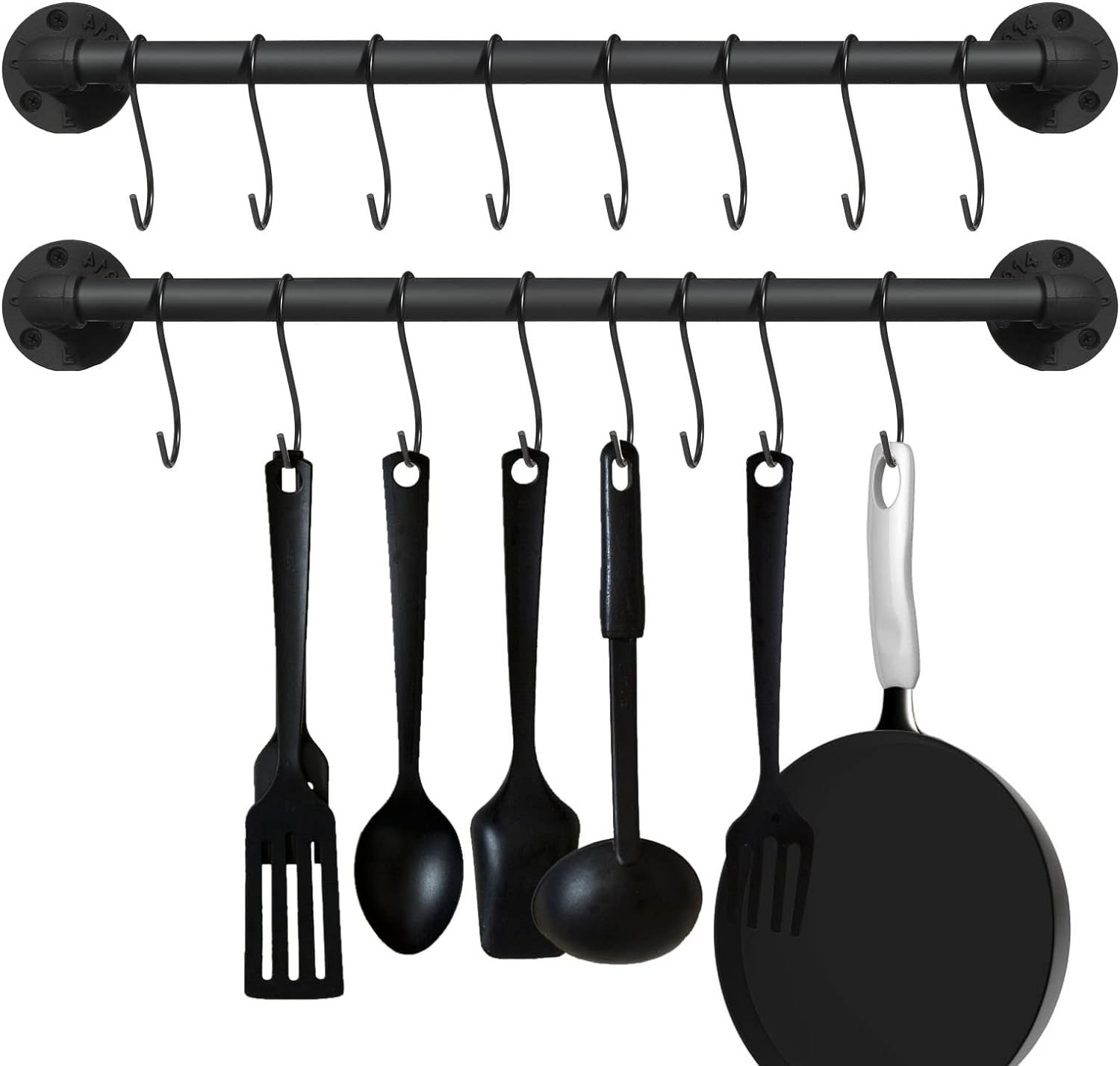 21 inch Pot Pan Bar Rack Wall Mounted Set of 2 with 16 Hooks Industrial Pipe Pot Pan Hanger Rustic Iron Pan Hanging Rail Pipe Towel Holder Kitchen Utensil Organizer Black