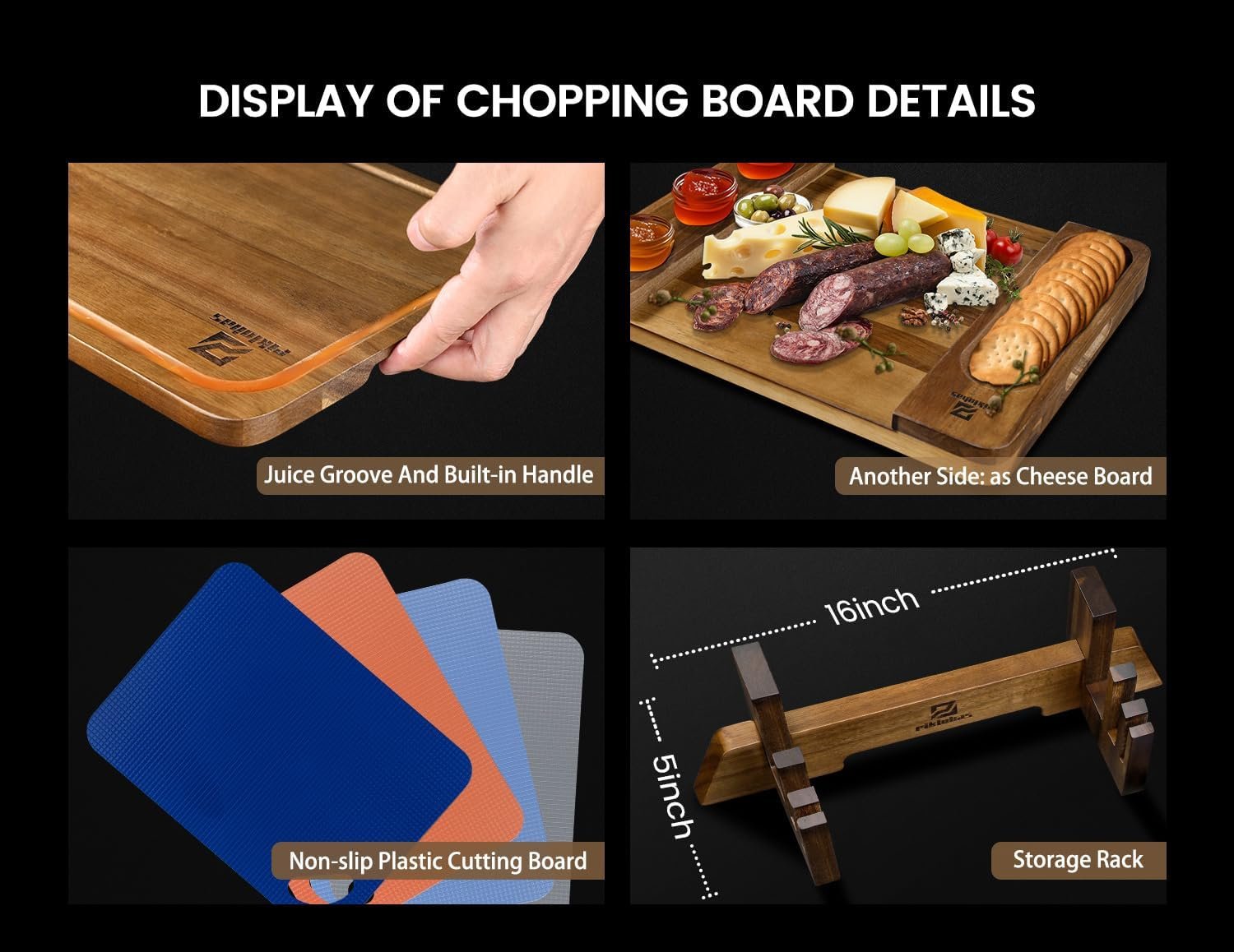 24 inch Large Wood Cutting Boards, 7 Pieces Over Sink Chopping Board with Holder, Plastic Cutting Board Mats, Juice Groove, Handle Hole, Reversible Butcher Block for Meat Cheese Bread