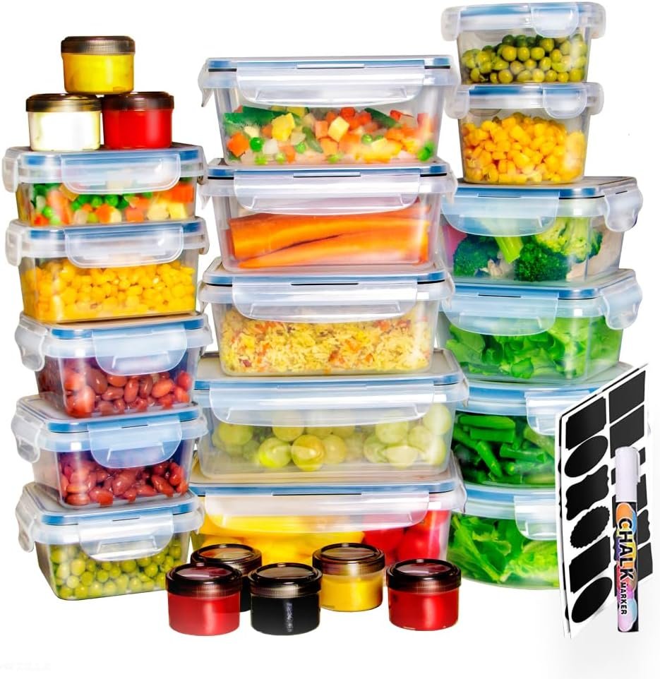 24Pcs Food Storage Container Set - Comes with Sauce Cups, Durable Lids, Label and Market Set - BPA Free, Dishwasher  Microwave Safe, Leak Proof, Stackable Plastic Containers for Kitchen
