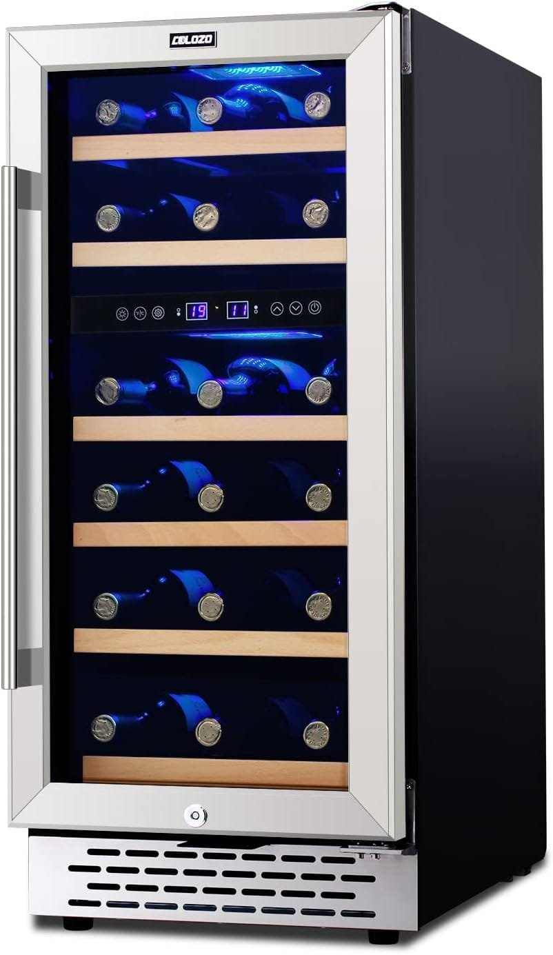 28 Bottle Wine Cooler Refrigerator, 15 Seamless Stainless Steel Built-in Freestanding Wine Fridge Double-Layer Tempered Glass Door with Lock, Under Counter Wine Cellar