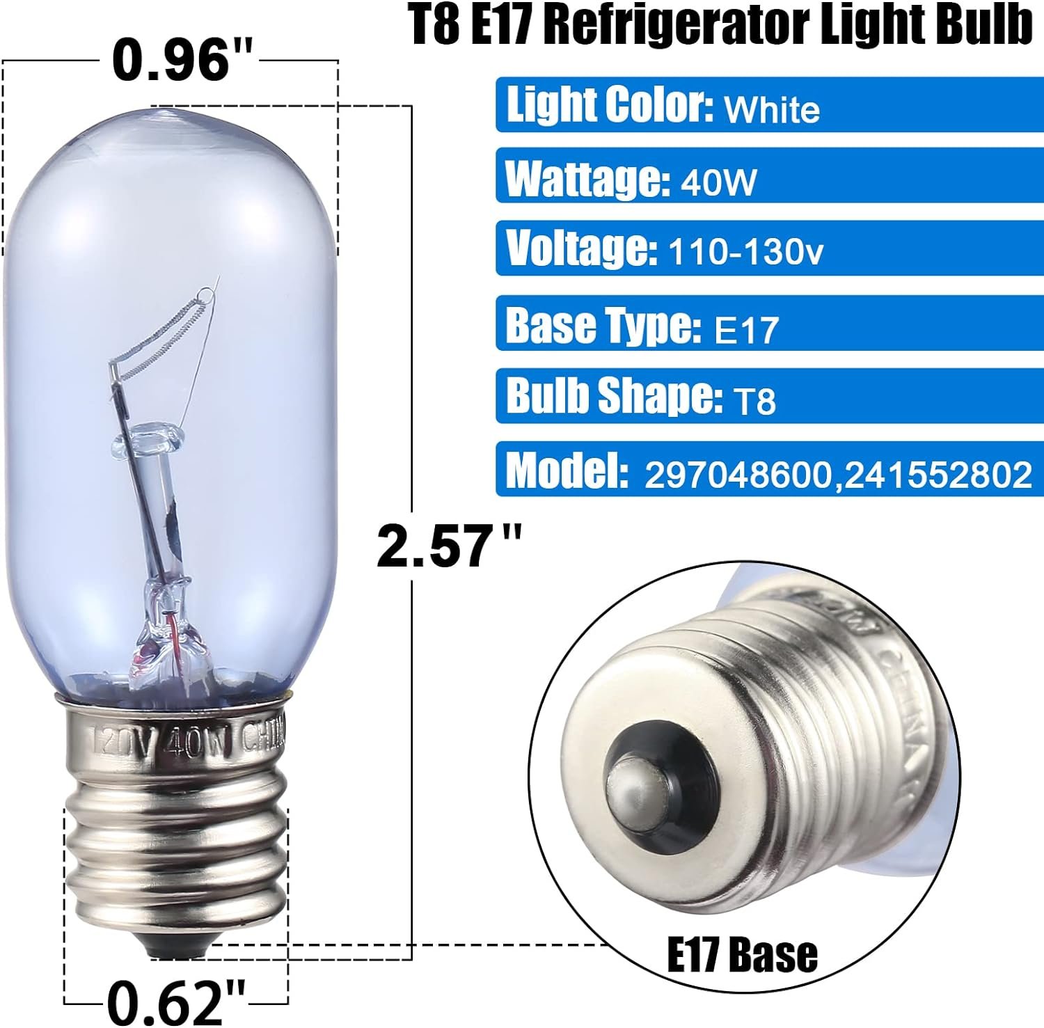 297048600 241552802 Refrigerator Light Bulb Replacement Compatible with Frigidaire Whirlpool KitchenAid Electrolx Kenmore Fridge Light Bulbs-T8 E17 40W (2.57in L) 297048600 241552802 Refrigerator Light Bulb Replacement Compatible with Frigidaire Whirlpool KitchenAid Electrolx Kenmore Fridge Light Bulbs-T8 E17 40W (2.57in L)