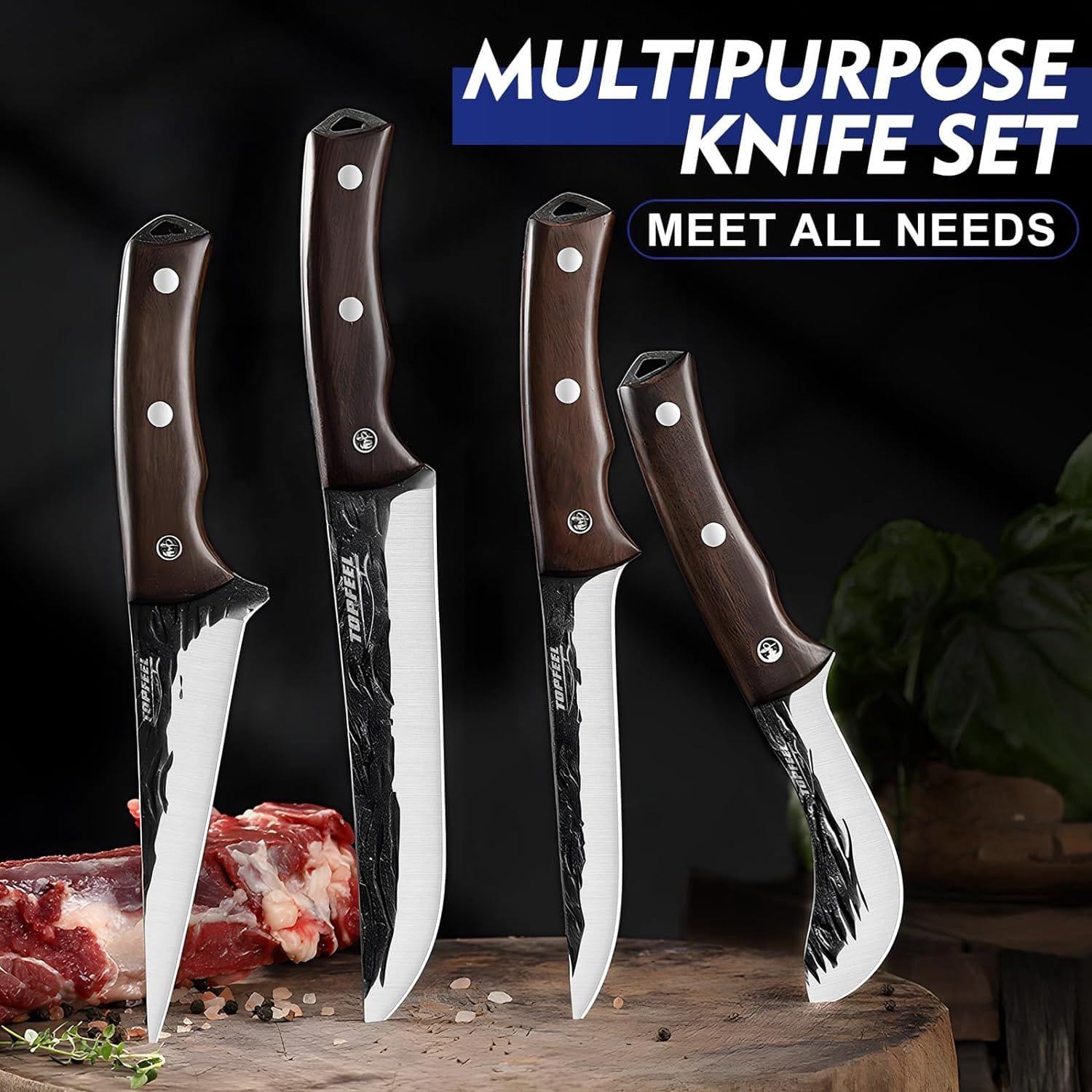 2PCS Butcher Cleaver Knife Set- Meat Clvear Knife  Tactical Chopper Knife, Hand Forged Meat Cutting Chopping Knife for Home, Outdoor Cooking, Camping BBQ