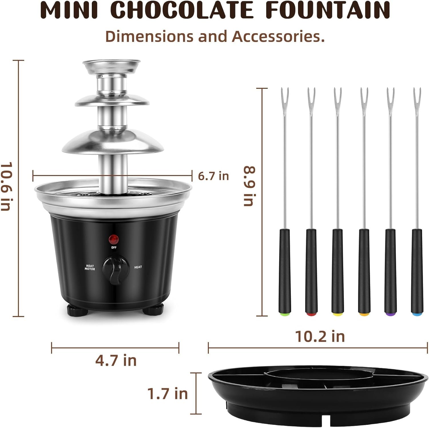 3-Tier Chocolate Fountain,20-OZ Mini Chocolate Fondue Pot Fountain with 6Pcs Forks,Removable Serving Tray,Party Fondue for for Nacho Cheese,BBQ Sauce,Ranch,Liqueurs (Black+6Fork)