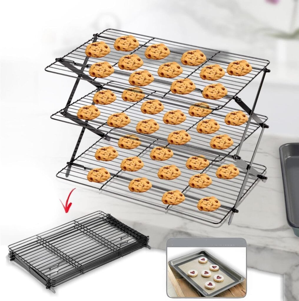 3-Tier Collapsible Cooling Rack - Bonus Baking Mat Included - Expandable Foldable Cookie Cooling Wire Rack - Baking Rack - Foldable Cooling Rack For Baking Supplies - Premium Quality Sturdy Legs 3-Tier Collapsible Cooling Rack - Bonus Baking Mat Included - Expandable Foldable Cookie Cooling Wire Rack - Baking Rack - Foldable Cooling Rack For Baking Supplies - Premium Quality Sturdy Legs
