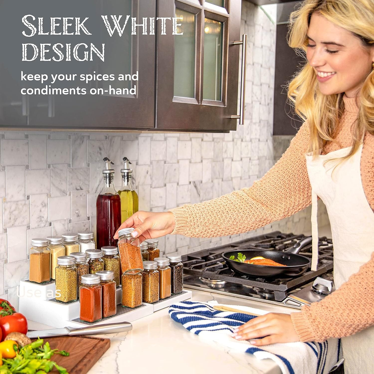 3–Tier Expandable Plastic Spice Rack - Adjustable Length, Stability with Non-Skid Shelf, Three Tiers for Easy Visibility, Organizer for Kitchen Cabinet, Pantry or Countertop, White/Grey