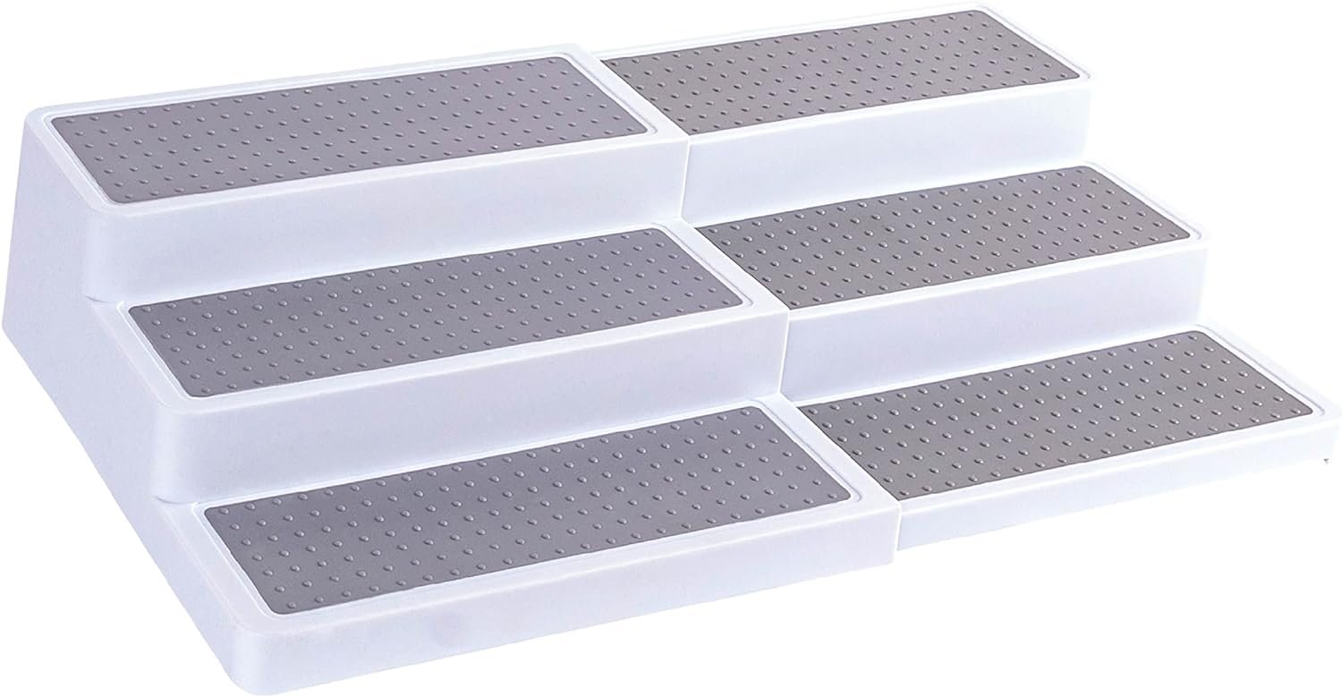 3–Tier Expandable Plastic Spice Rack - Adjustable Length, Stability with Non-Skid Shelf, Three Tiers for Easy Visibility, Organizer for Kitchen Cabinet, Pantry or Countertop, White/Grey