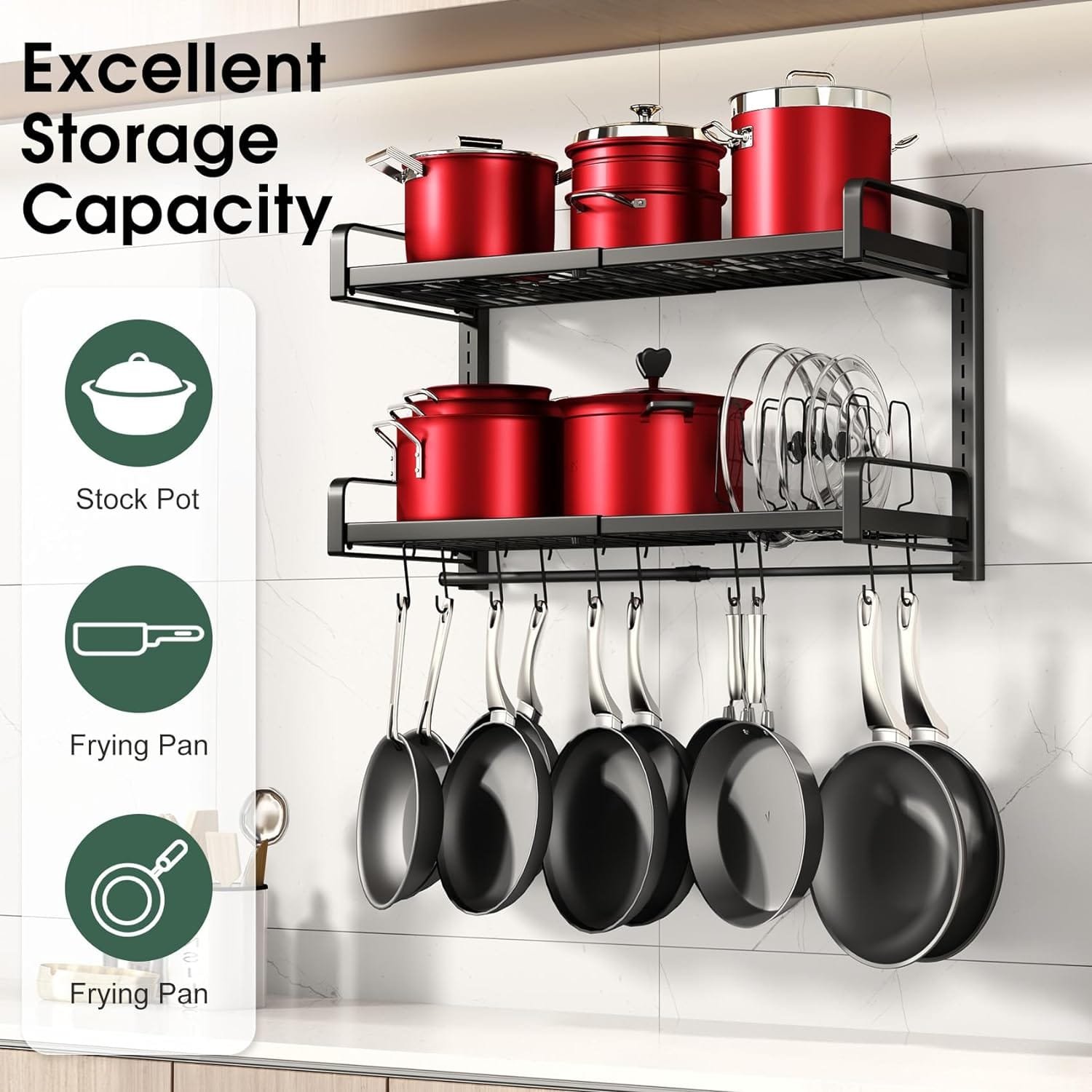 30 Expandable Hanging Pot Rack, 2 Tier Adjustable Pot and Pan Rack for Kitchen Organizers and Storage, Heavy Duty Pot and Pan Organizer, Wall Mounted Pot Lid Organizer for Pots and Pans with 10 Hooks