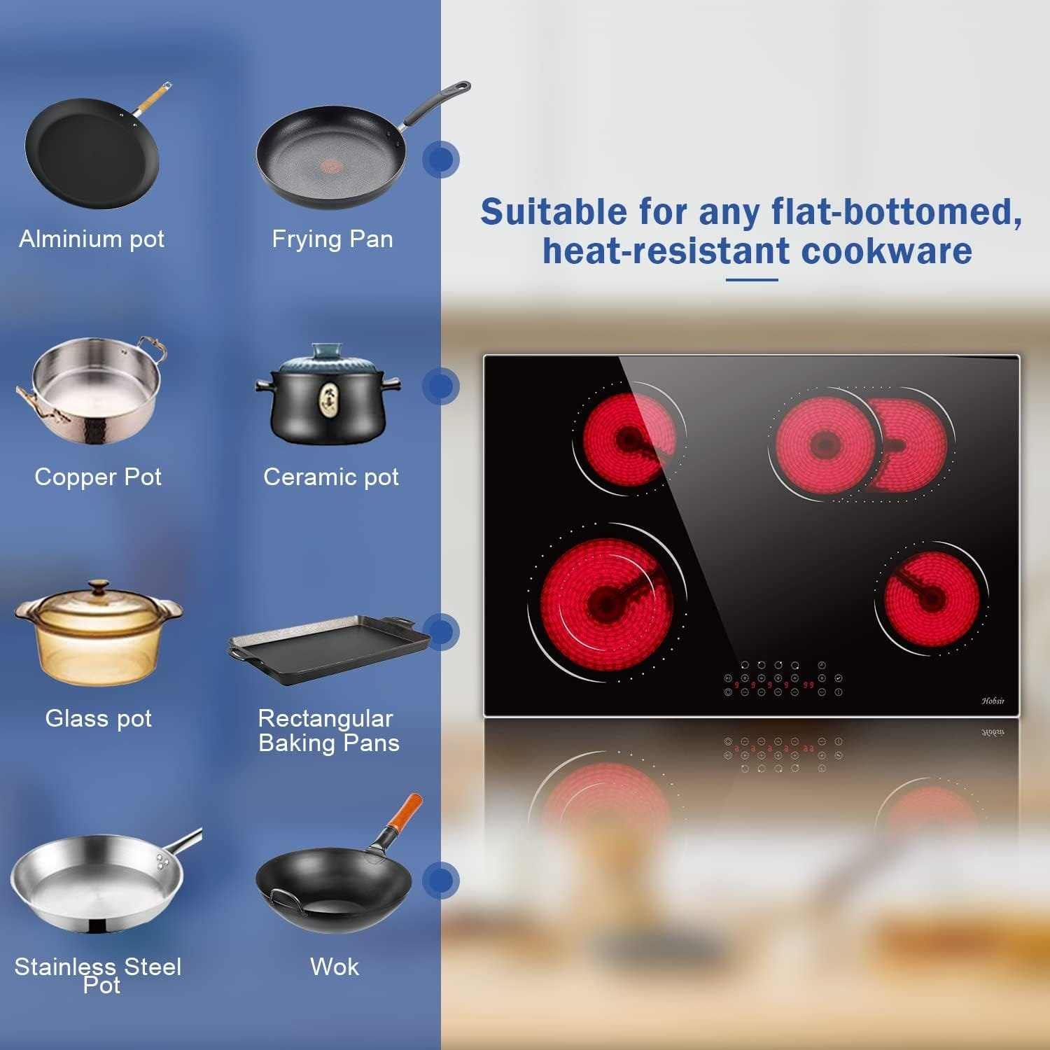 30 Inch Electric Cooktop, 4 Burners Radiant Electric Stove, Built-in Electric Stove Top, With Dual Oval Zone, Child Lock, Glass Protection Metal Frame, 220V-240V Hard Wire (No Plug) Hobsir 30 Inch Electric Cooktop, 4 Burners Radiant Electric Stove, Built-in Electric Stove Top, With Dual Oval Zone, Child Lock, Glass Protection Metal Frame, 220V-240V Hard Wire (No Plug) Hobsir
