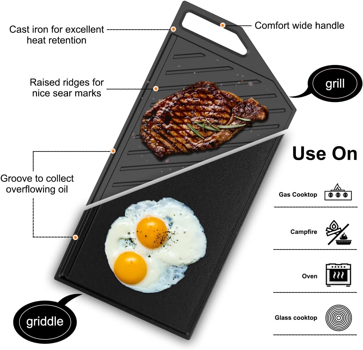 30 Inch Gas Cooktop with Griddle Black, GASLAND Chef PRO GH3305EF Gas Stovetop with 5 Burners, Reversible Cast Iron Grill/Griddle, Plug-in, NG/LPG Convertible, 120V Black, CSA certified
