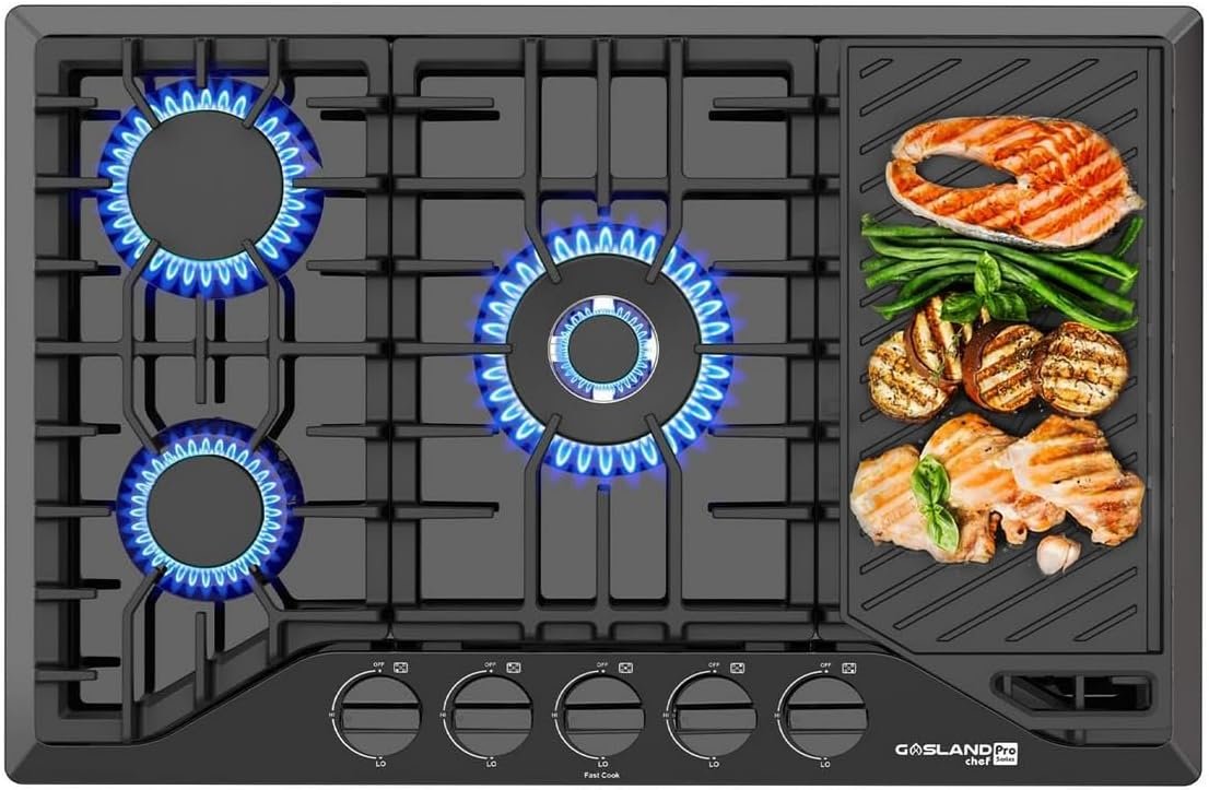 30 Inch Gas Cooktop with Griddle Black, GASLAND Chef PRO GH3305EF Gas Stovetop with 5 Burners, Reversible Cast Iron Grill/Griddle, Plug-in, NG/LPG Convertible, 120V Black, CSA certified