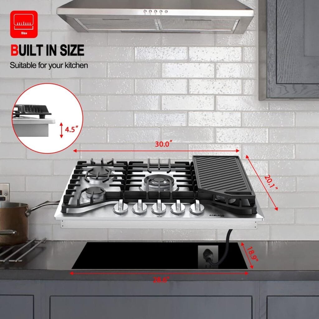 30 Inch Gas Cooktop with Griddle, GASLAND Chef PRO GH3305SF Gas Stovetop with 5 Burners, Reversible Cast Iron Grill/Griddle, 120V Plug-in, NG/LPG Convertible, CSA certified, Stainless Steel 30 Inch Gas Cooktop with Griddle, GASLAND Chef PRO GH3305SF Gas Stovetop with 5 Burners, Reversible Cast Iron Grill/Griddle, 120V Plug-in, NG/LPG Convertible, CSA certified, Stainless Steel
