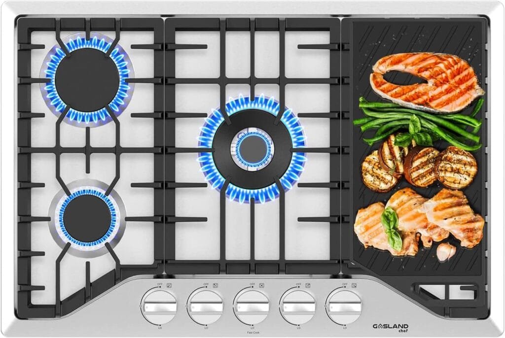 30 Inch Gas Cooktop with Griddle, GASLAND Chef PRO GH3305SF Gas Stovetop with 5 Burners, Reversible Cast Iron Grill/Griddle, 120V Plug-in, NG/LPG Convertible, CSA certified, Stainless Steel 30 Inch Gas Cooktop with Griddle, GASLAND Chef PRO GH3305SF Gas Stovetop with 5 Burners, Reversible Cast Iron Grill/Griddle, 120V Plug-in, NG/LPG Convertible, CSA certified, Stainless Steel