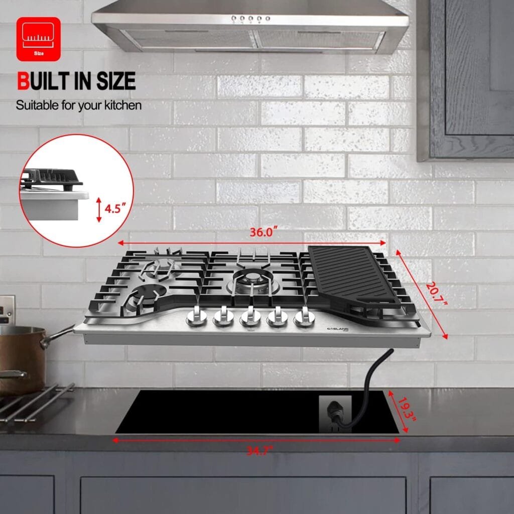 30 Inch Gas Cooktop with Griddle, GASLAND Chef PRO GH3305SF Gas Stovetop with 5 Burners, Reversible Cast Iron Grill/Griddle, 120V Plug-in, NG/LPG Convertible, CSA certified, Stainless Steel 30 Inch Gas Cooktop with Griddle, GASLAND Chef PRO GH3305SF Gas Stovetop with 5 Burners, Reversible Cast Iron Grill/Griddle, 120V Plug-in, NG/LPG Convertible, CSA certified, Stainless Steel