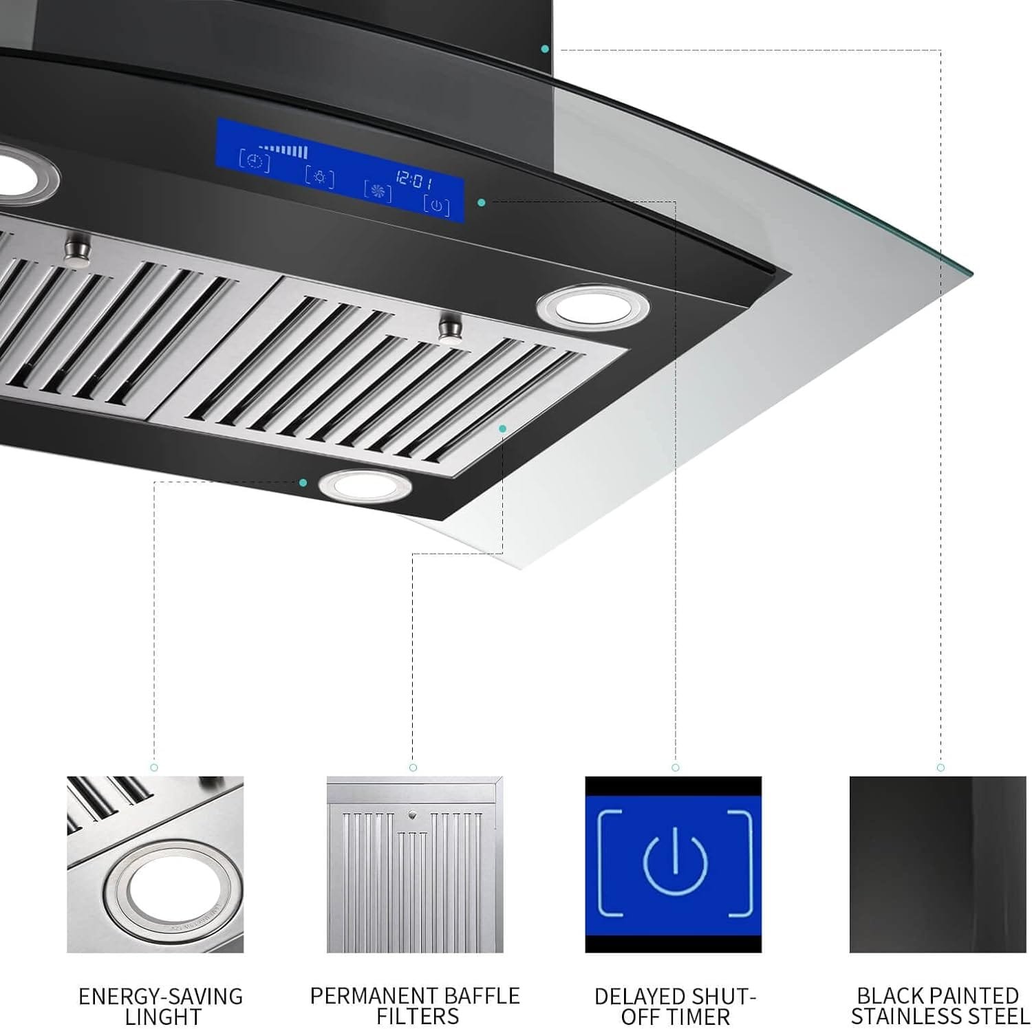 30 Inch Island Range Hood Black 700CFM Stainless Steel Convertible, Ceiling Mount Vent Hood with Tempered Glass, Kitchen Exhaust Fan, LED lights, LCD Touch Panel, Permanent Grease Filters